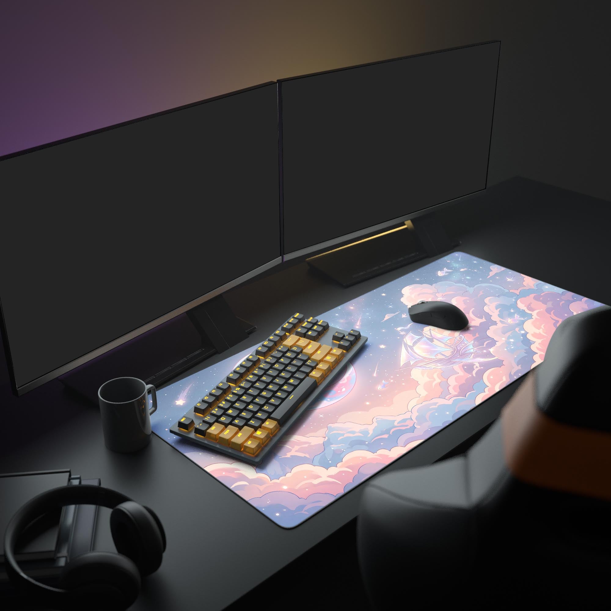 Close-up of the flying ship and glowing crescent moon art on a smooth gaming mouse pad.