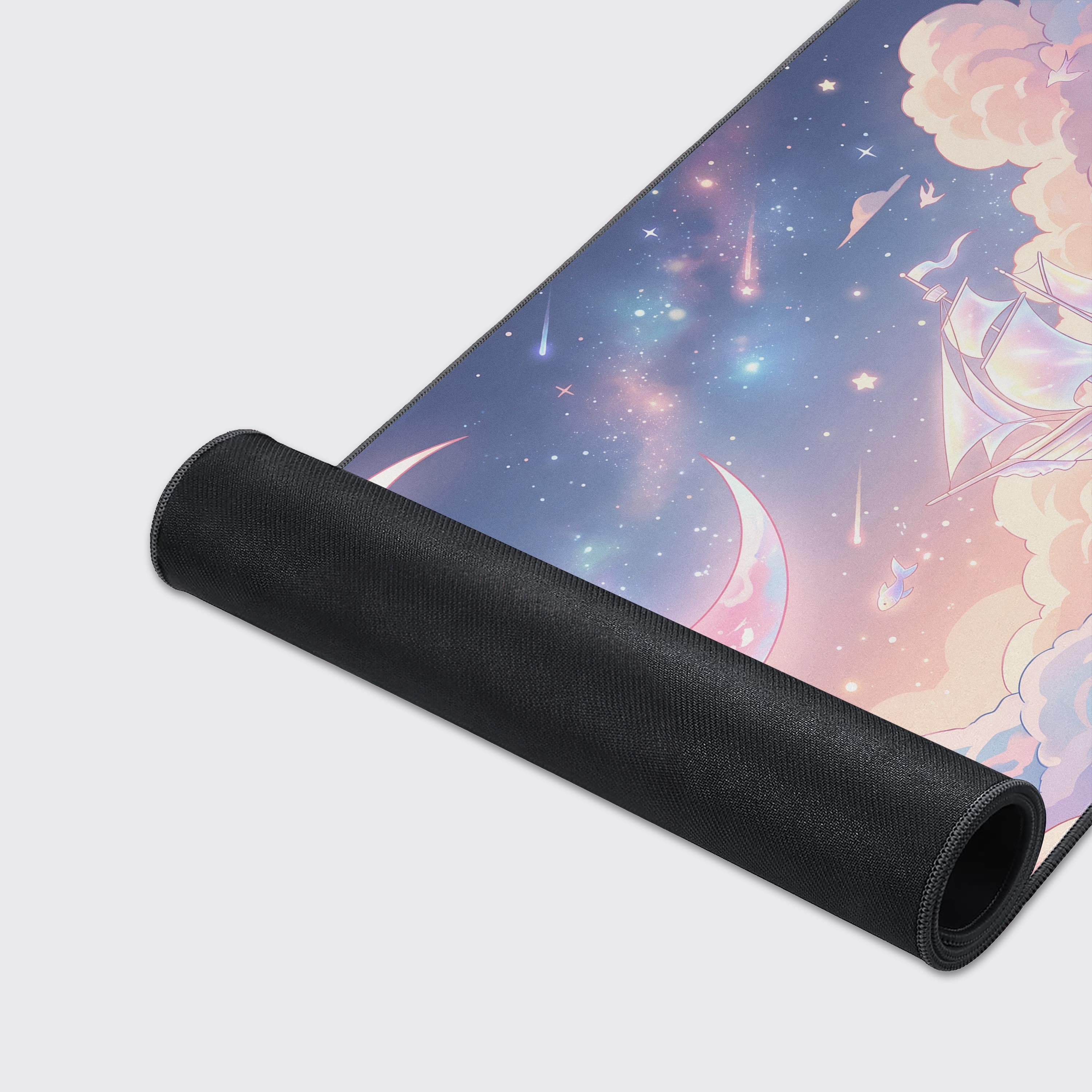 Product feature icons showing non-slip, waterproof, and easy to clean attributes for the kawaii desk mat.