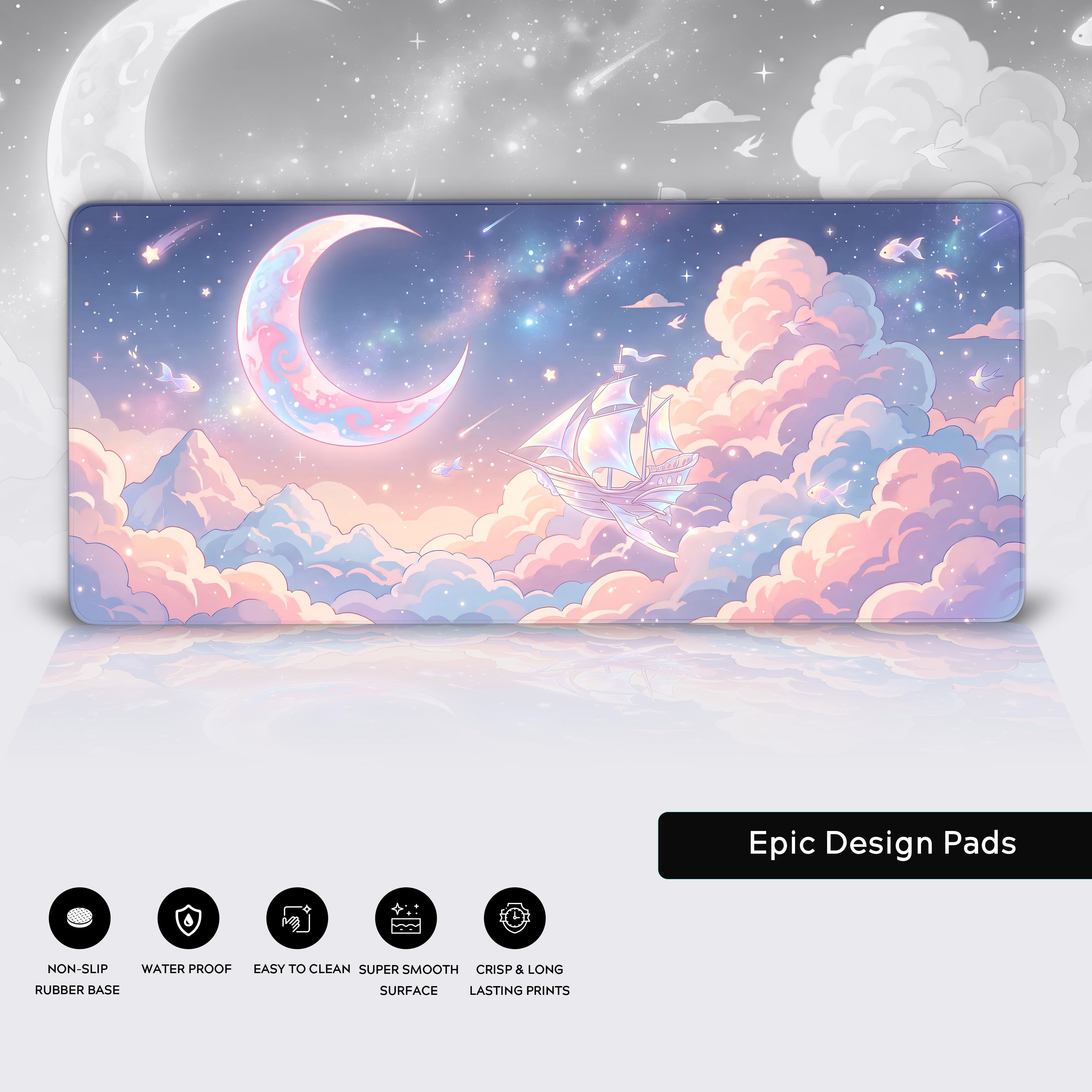 A wide shot of the celestial pastel desk mat showcasing the full fantasy sky landscape design.