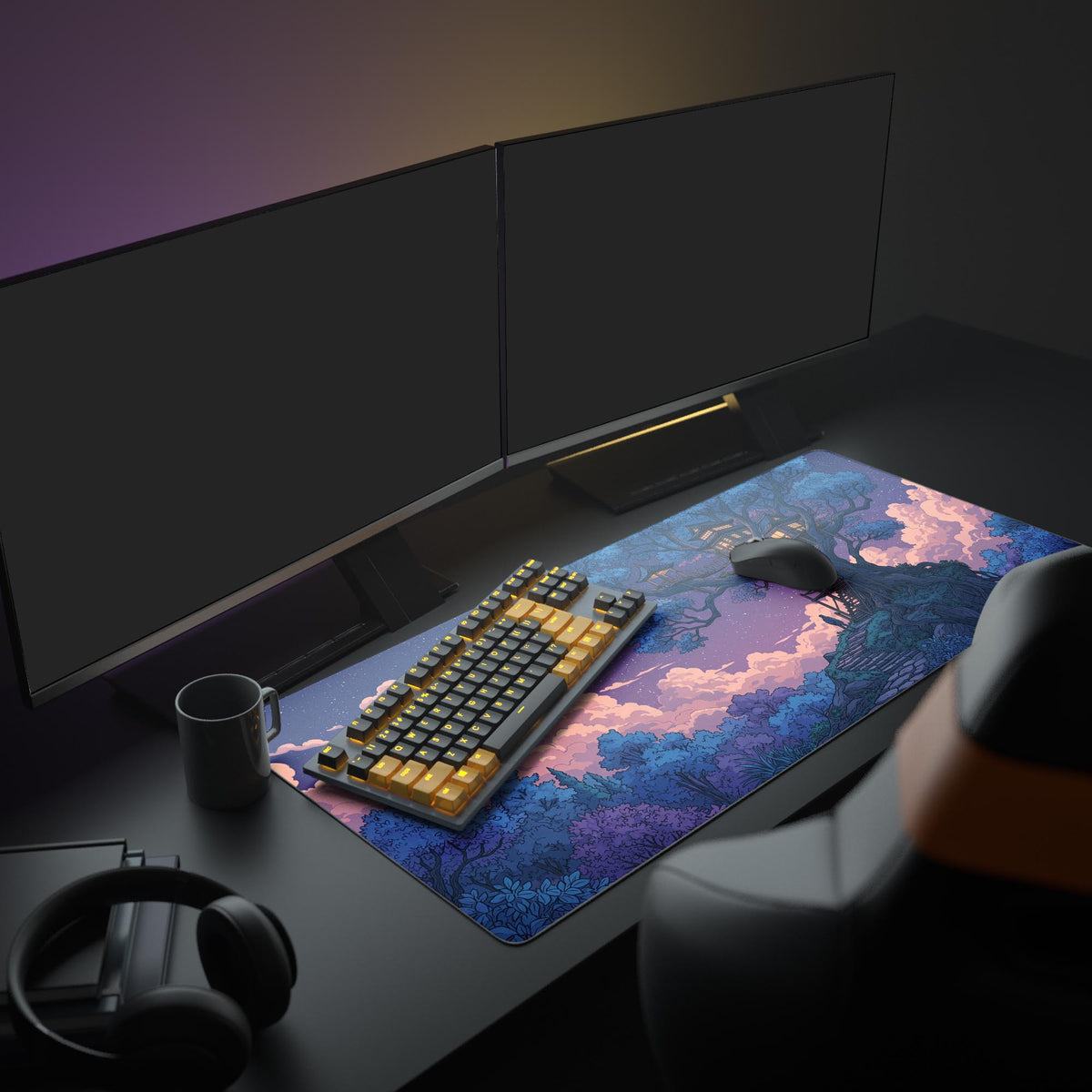 A cozy PC setup featuring the Dreamer's Ascent mouse pad, which displays an anime-style treehouse under a purple starry sky with a large monitor. - Epic Design Pads & Mousepads