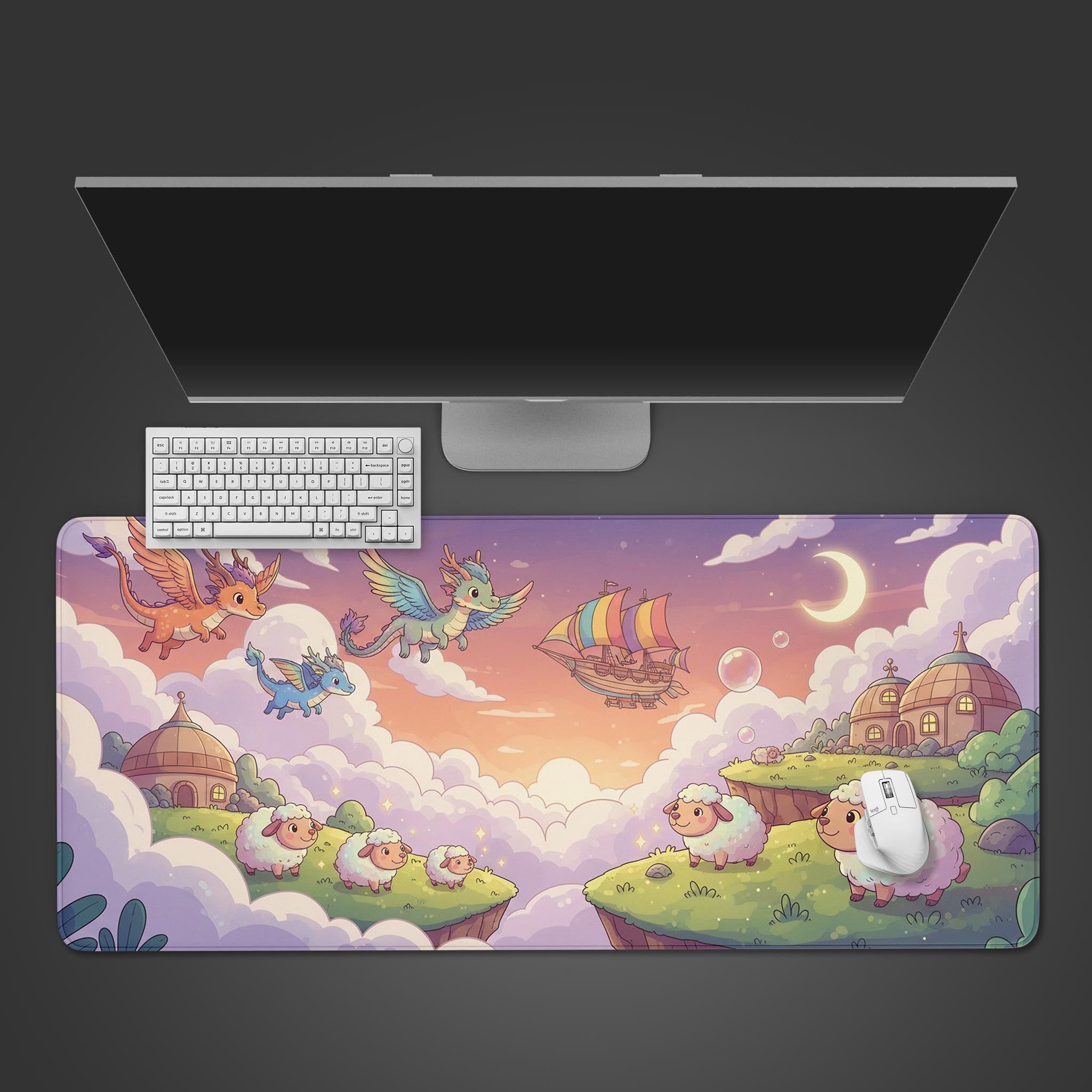 Dreamy Sky desk mat with flying dragons and ponies design – top view with keyboard and mouse. - Epic Design Pads