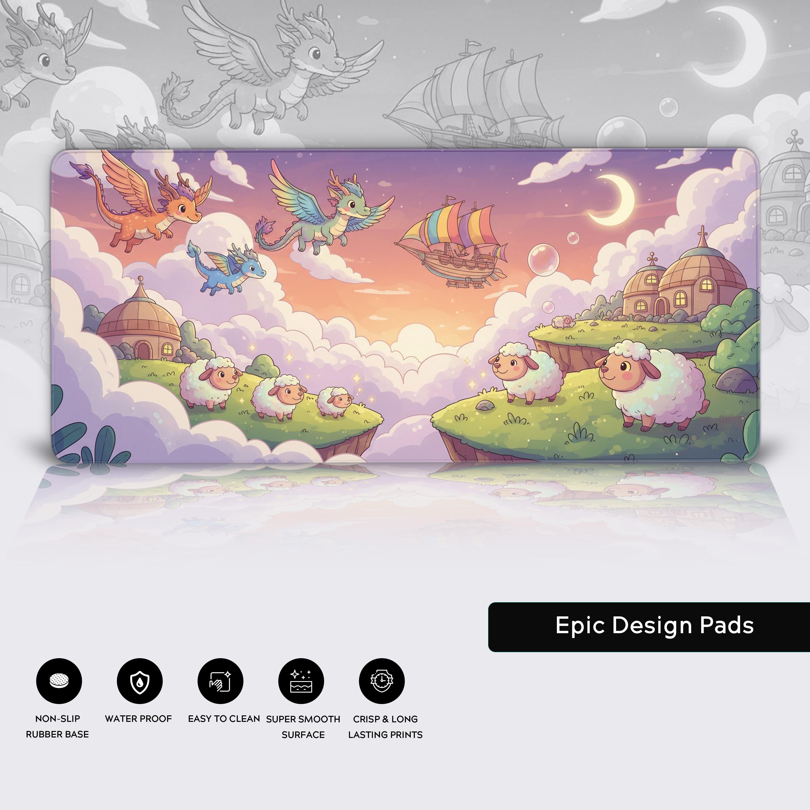 Dreamy Sky desk mat with fantasy creatures and floating islands – features plush comfort and durable design. - Epic Design Pads