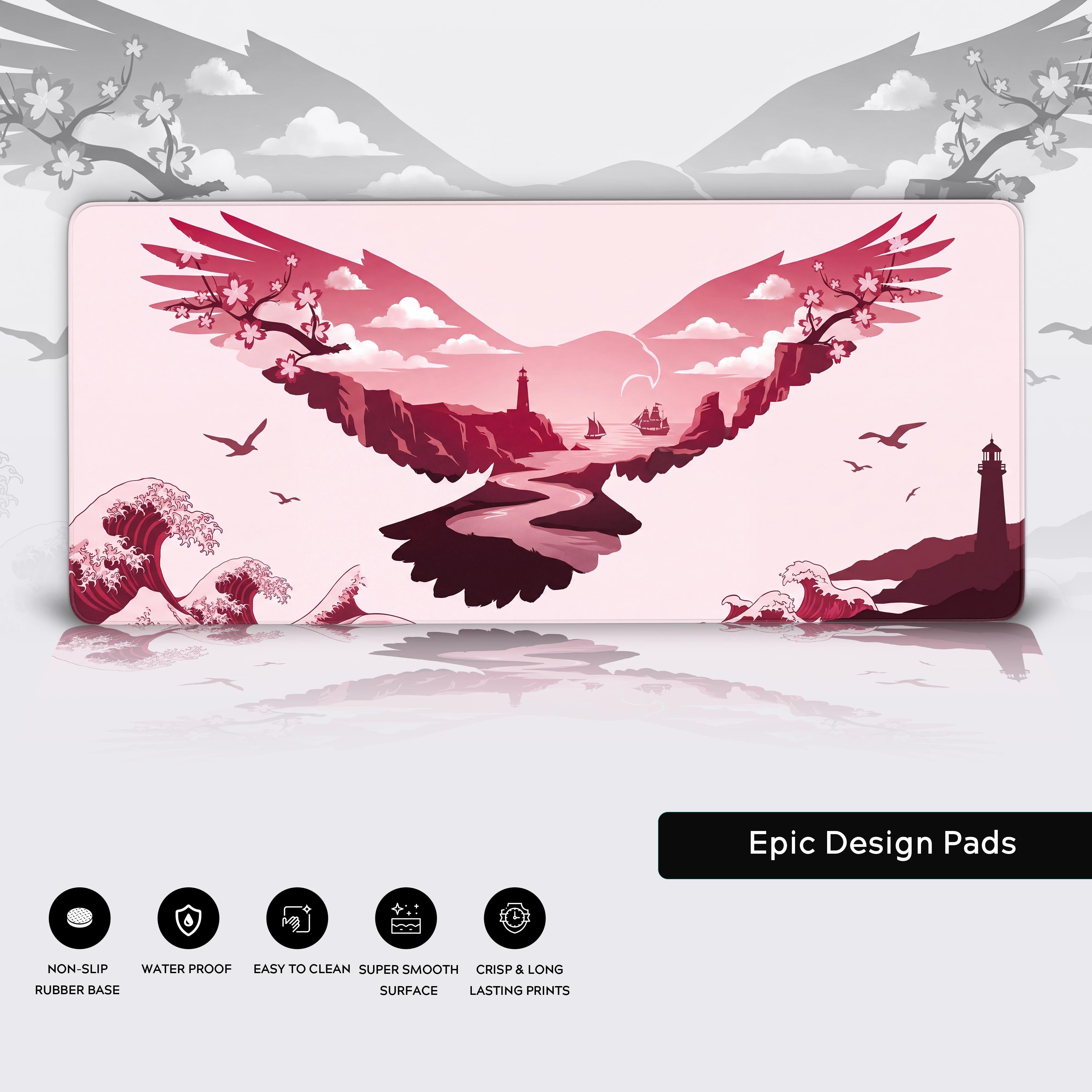 Epic Design Pads sakura eagle gaming mouse pad with non-slip rubber base and crisp lasting print icons