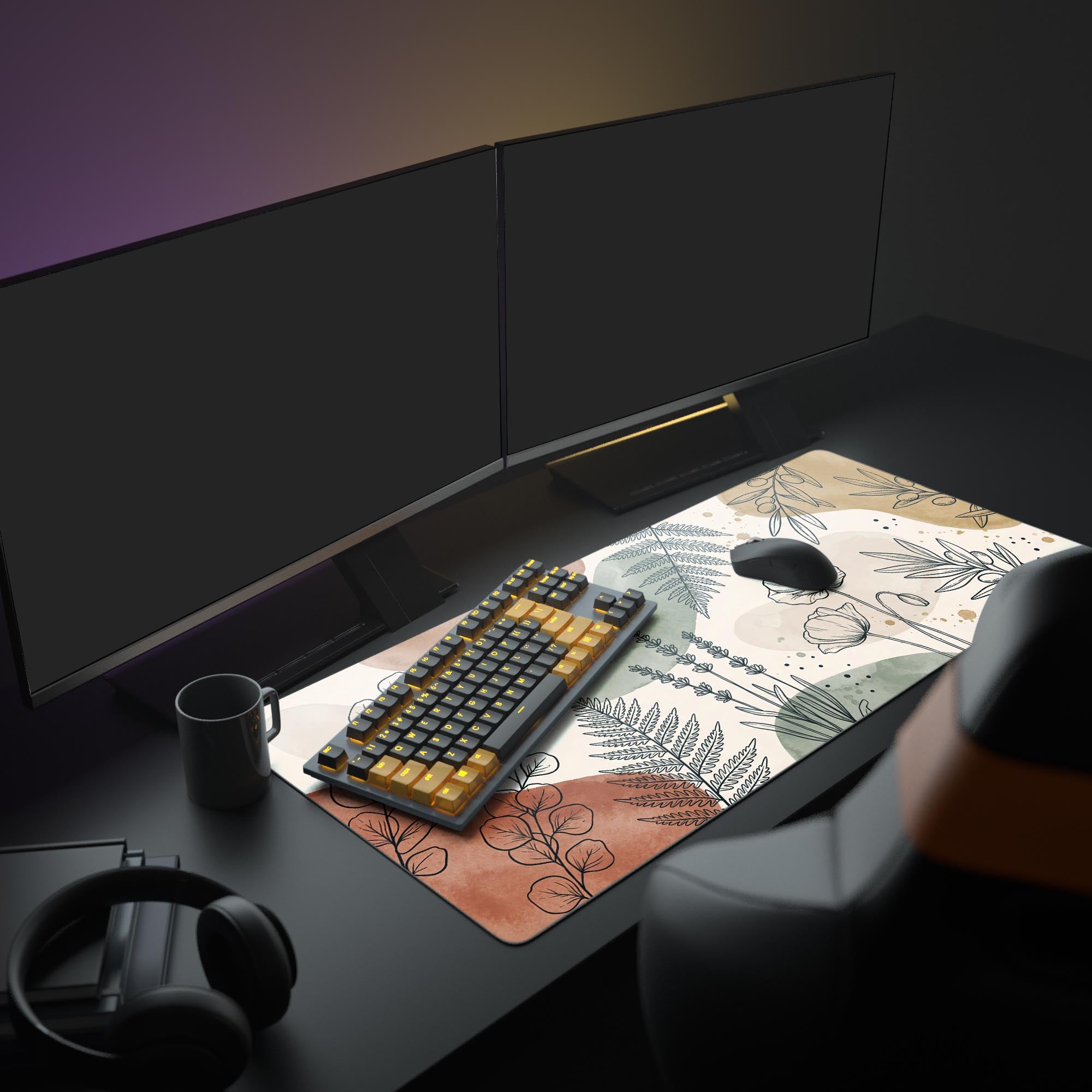 A complete PC setup featuring the Earthy Lines gaming desk mat. The boho botanical design complements dual monitors, a mechanical keyboard, and a white mouse, creating a cohesive and stylish aesthetic. - Epic Design Pads & Mousepads