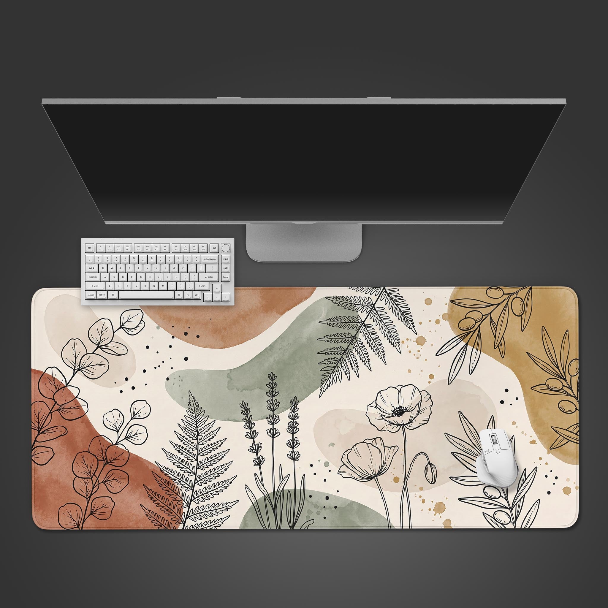 Top-down view of the Earthy Lines botanical gaming desk mat with a keyboard, mouse, and monitor. The nature-inspired design features terracotta and green watercolor shapes with delicate line art plants. - Epic Design Pads & Mousepads