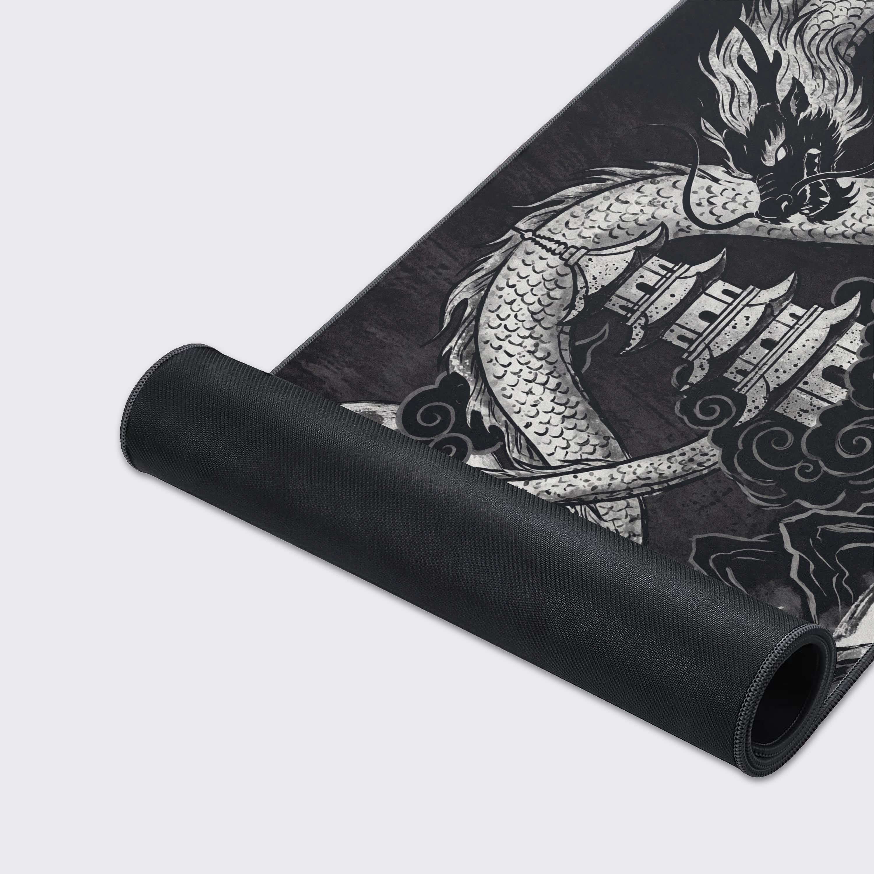 Infographic showcasing the waterproof, non-slip, and smooth surface features of the dragon aesthetic desk mat