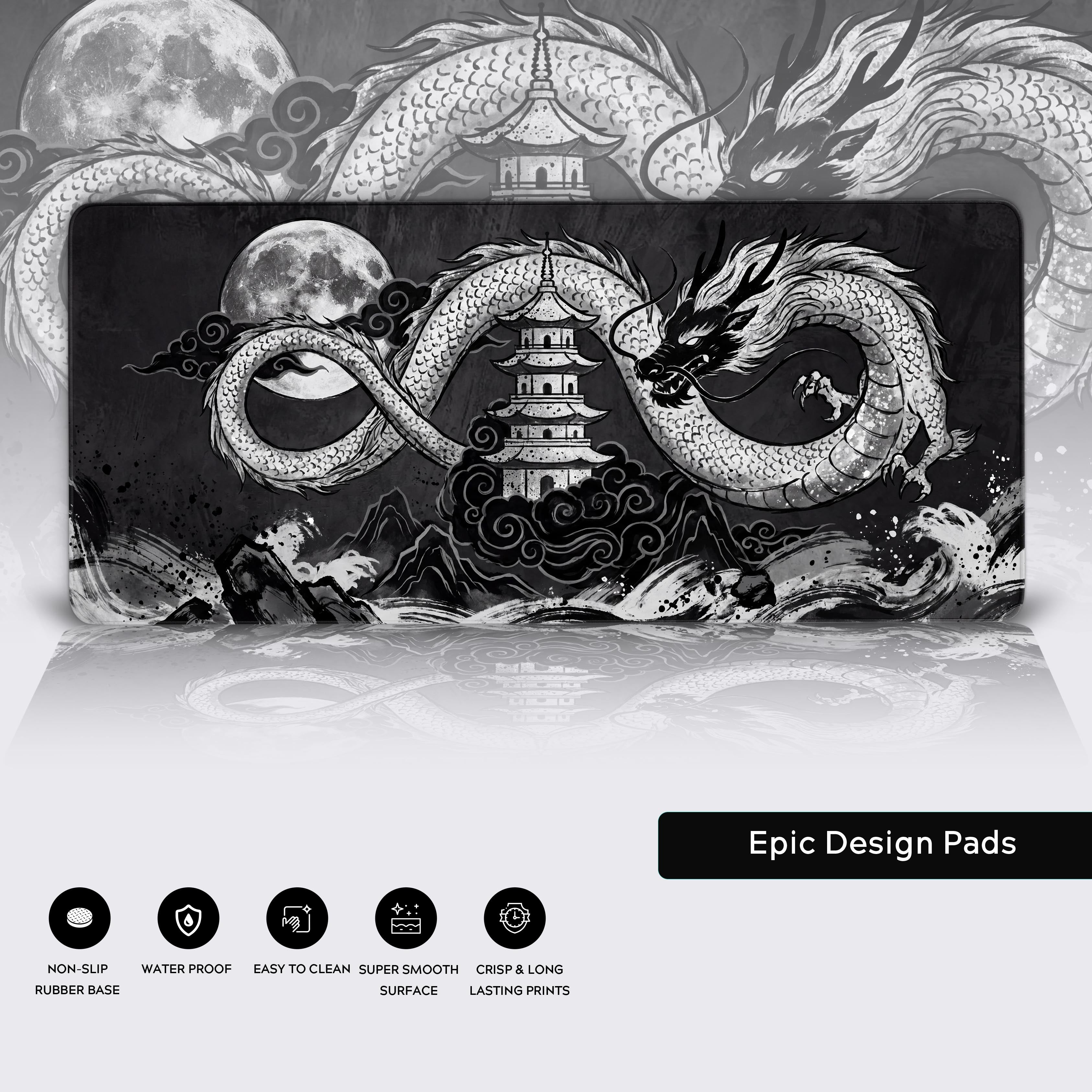 Epic Design Pads gaming setup featuring a high-quality dragon and pagoda desk mat