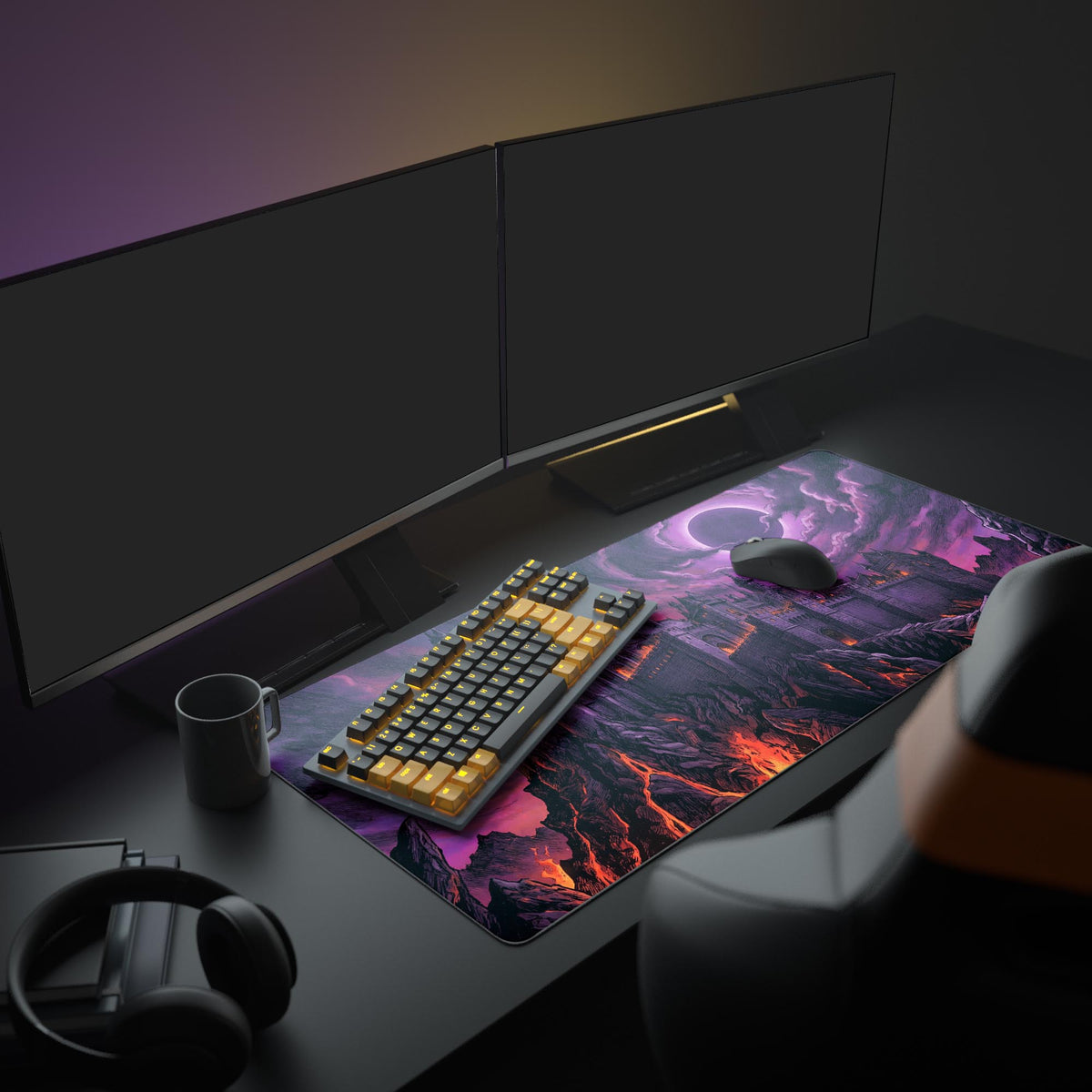 A full PC gaming setup featuring the Eclipse Citadel mouse pad, where the epic fantasy art complements glowing monitors and a mechanical keyboard. - Epic Design Pads & Mousepads