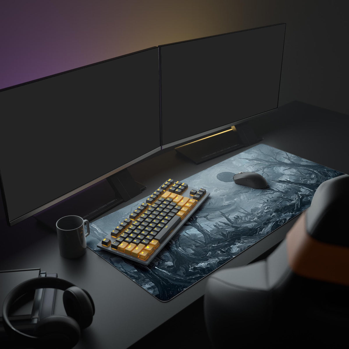 A full PC setup featuring the Eclipse of Ash gaming desk mat, which displays a monochrome apocalyptic scene beneath a modern monitor and peripherals. - Epic Design Pads & Mousepads
