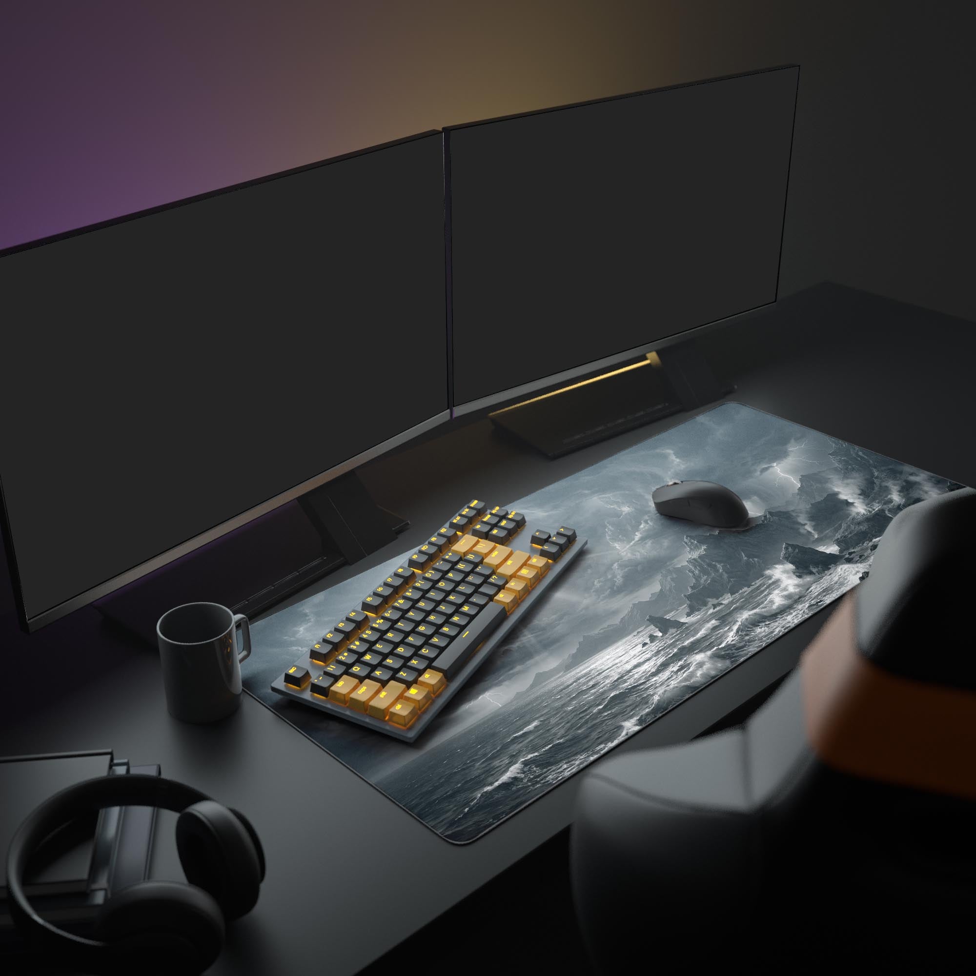 A full gaming setup featuring the Eclipse Storm mouse pad, with a large monitor, white keyboard, and mouse enhancing the dark fantasy aesthetic of the workspace. - Epic Design Pads & Mousepads