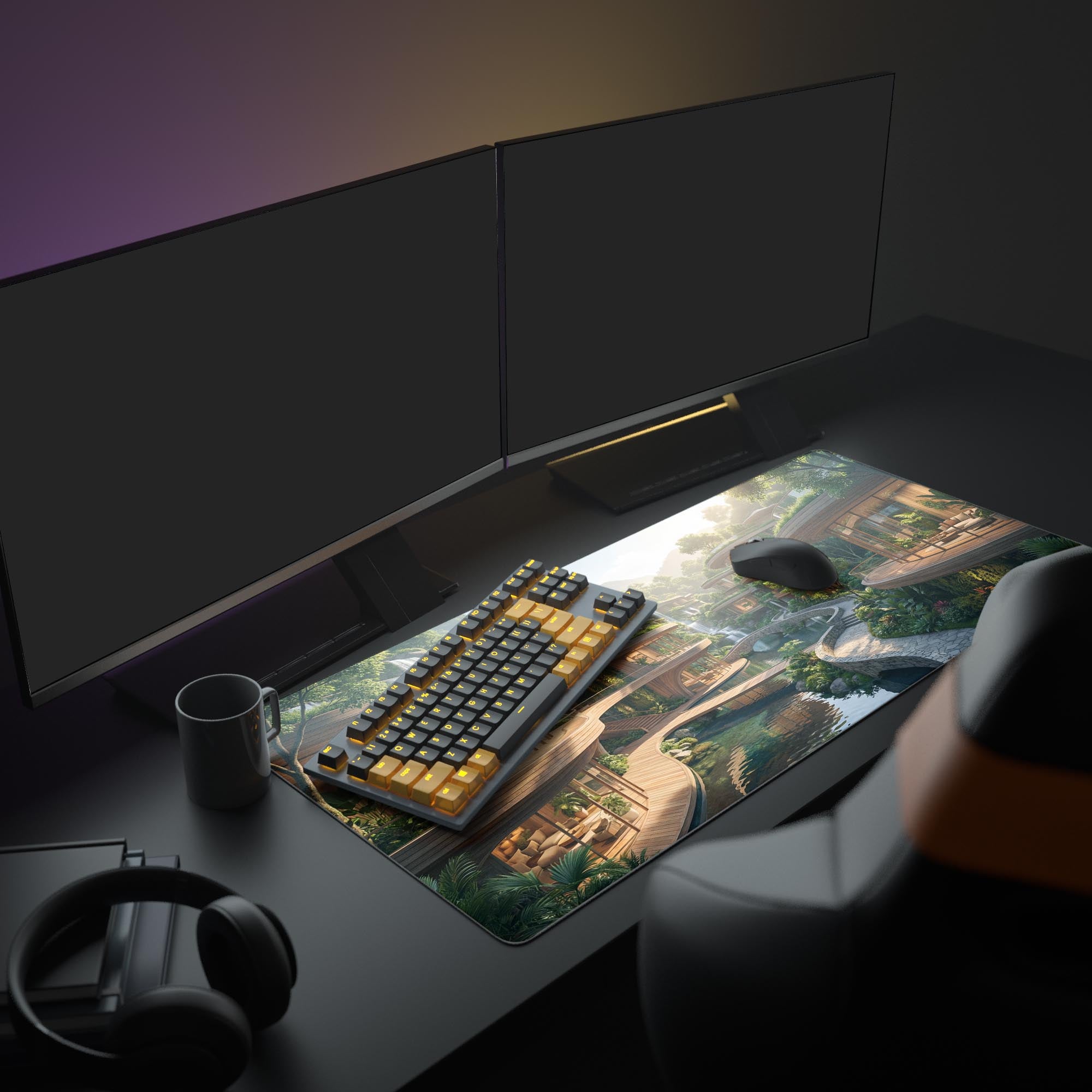 The Eco Utopia gaming desk mat displayed in a clean PC setup, showing its vibrant, futuristic nature scene under a monitor, keyboard, and mouse. - Epic Design Pads & Mousepads