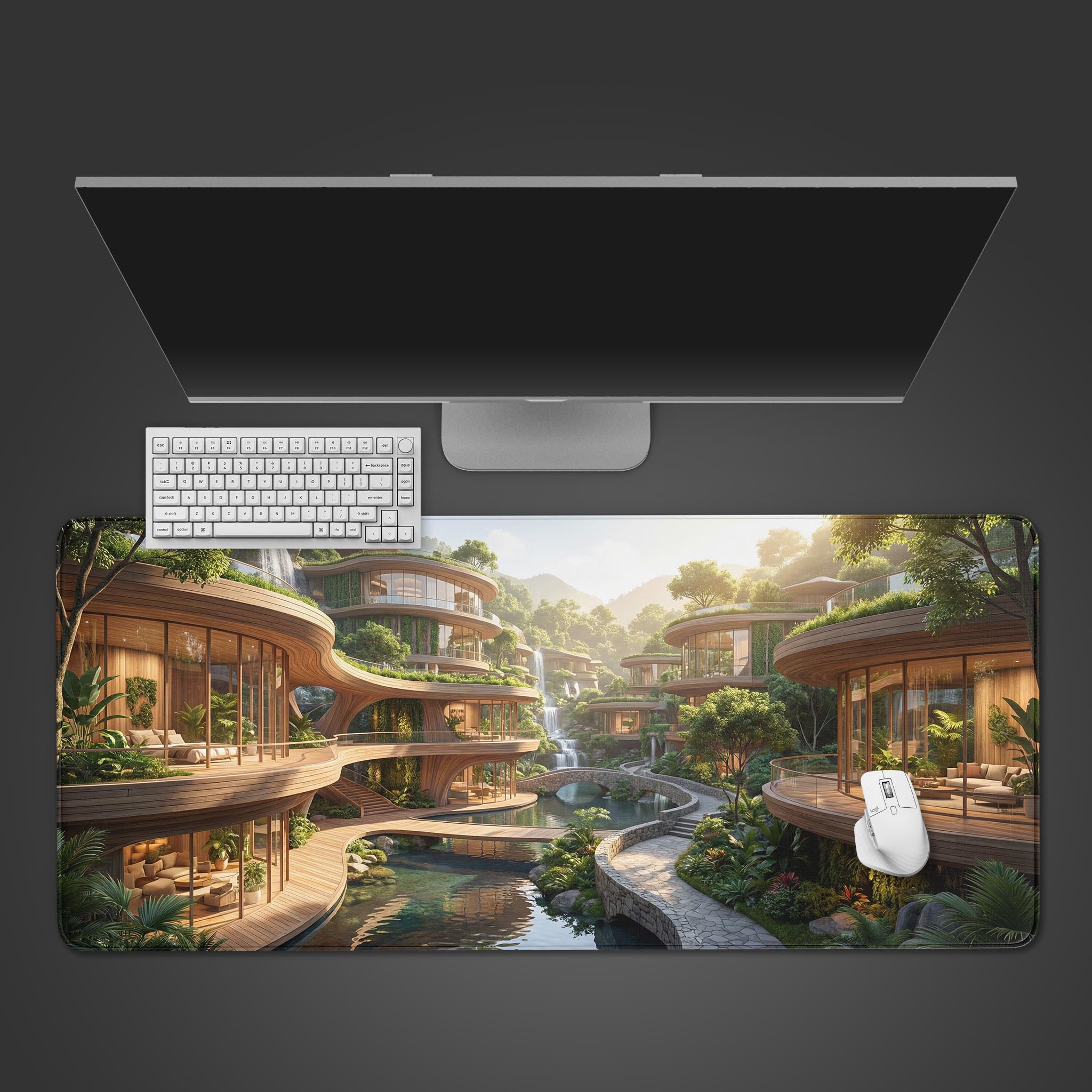 A top-down view of the Eco Utopia gaming desk mat on a dark gray surface, positioned below a monitor and next to a white keyboard and mouse. - Epic Design Pads & Mousepads