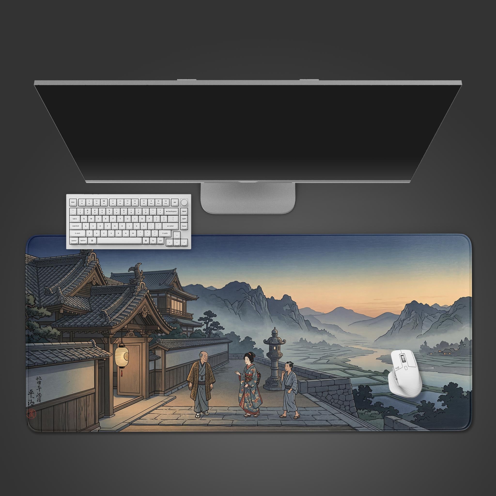 Top-down view of the Edo Morning gaming desk mat, featuring a Japanese village landscape, with a white keyboard and mouse neatly arranged on top. - Epic Design Pads & Mousepads