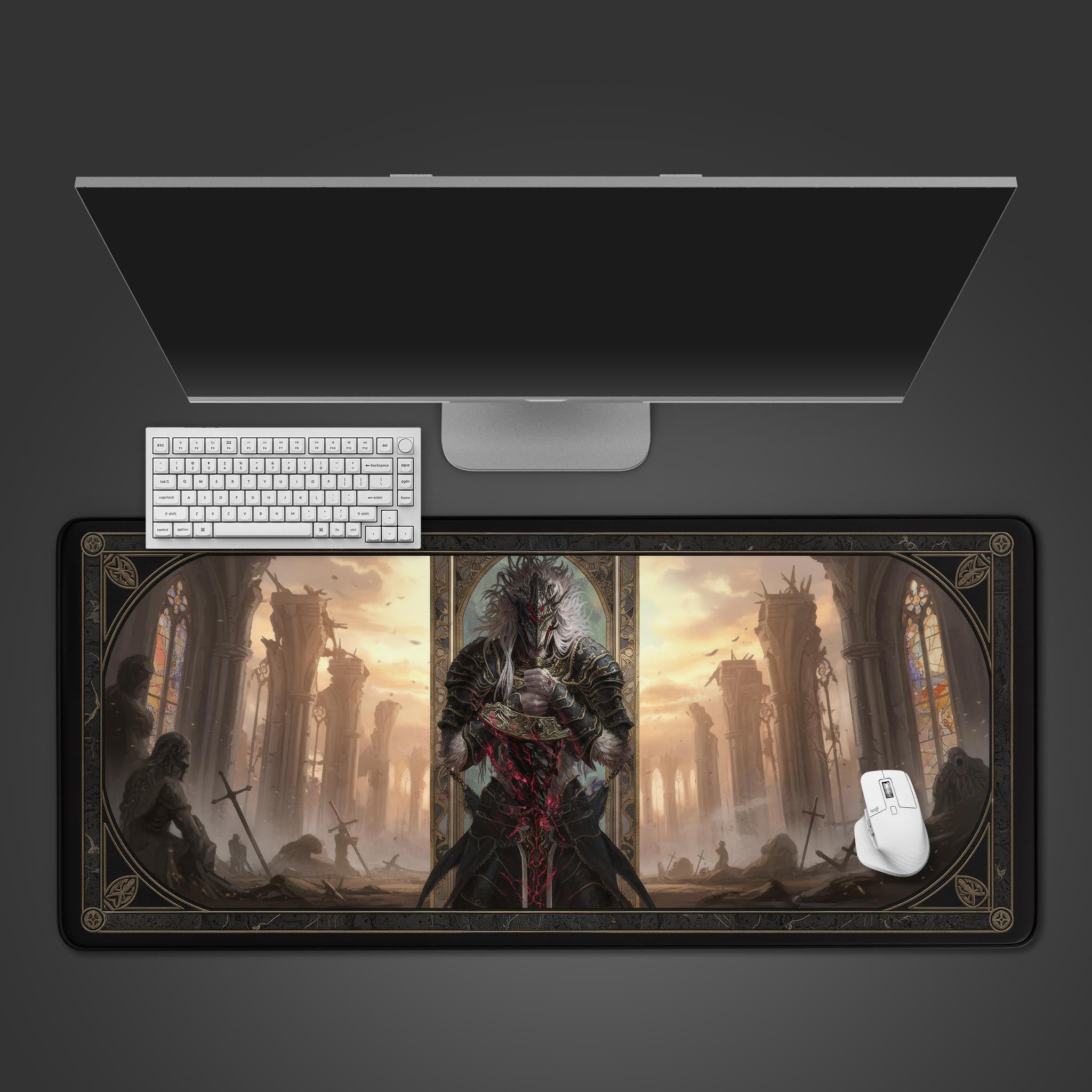 Elden Ring themed gaming desk mat featuring a dark armored warrior with blood-forged weapon against a backdrop of gothic ruins and stained-glass windows - Epic Design Pads & Mousepads