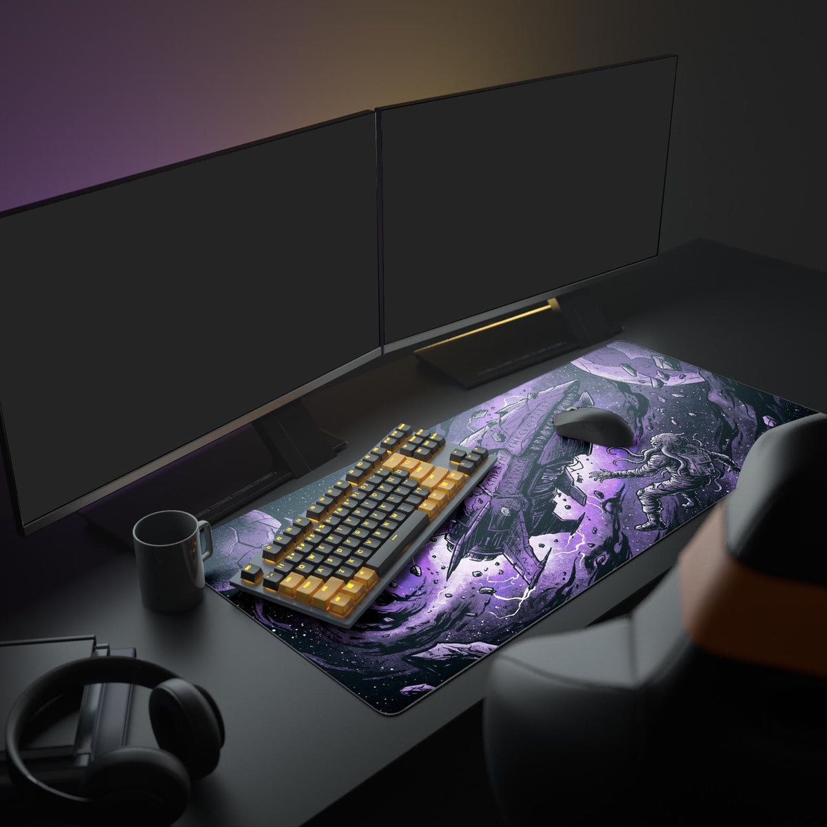 A full gaming setup featuring the purple Eldritch Orbit gaming desk mat, with a lit keyboard, glowing mouse, and a large monitor displaying a dark screen. - Epic Design Pads & Mousepads
