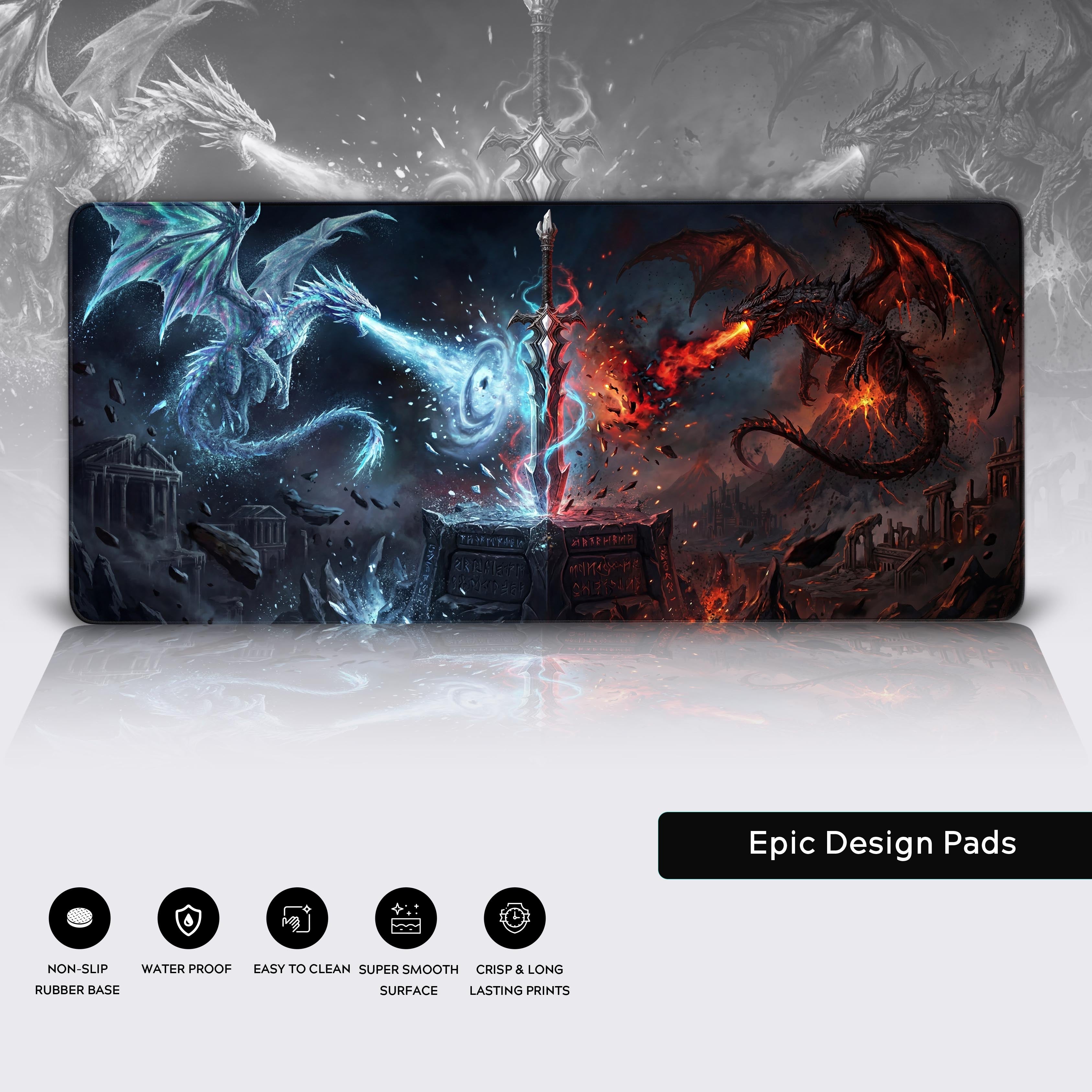 Feature highlights of the dragon desk mat showing non-slip base, waterproof coating, and smooth surface icons