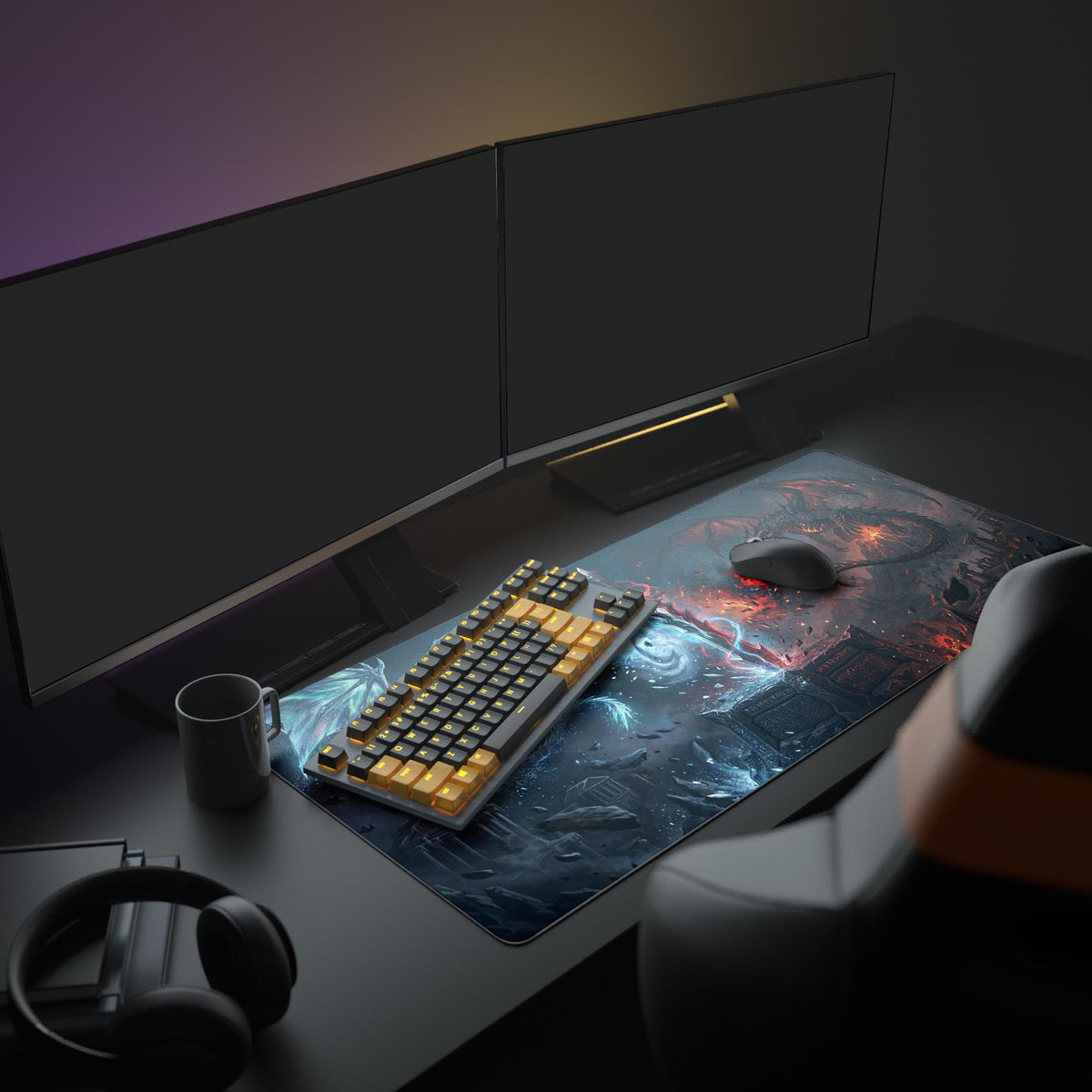 Elemental Dragon Clash desk mat in a dark gaming setup with a mechanical keyboard, a mouse and headphones