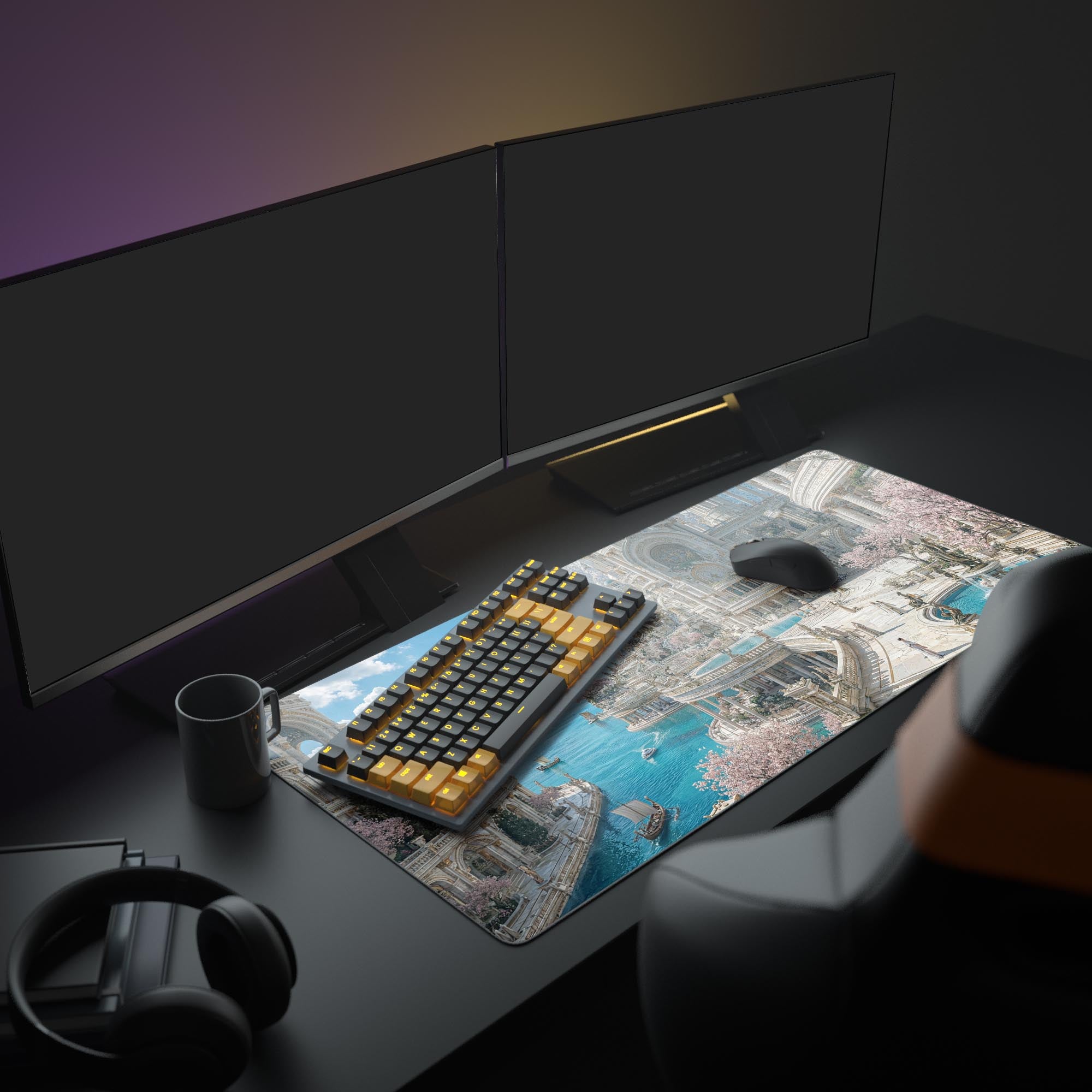 Large Elysian Port desk mat shown in a clean, aesthetic gaming setup with dual monitors and a mechanical keyboard. - Epic Design Pads & Mousepads