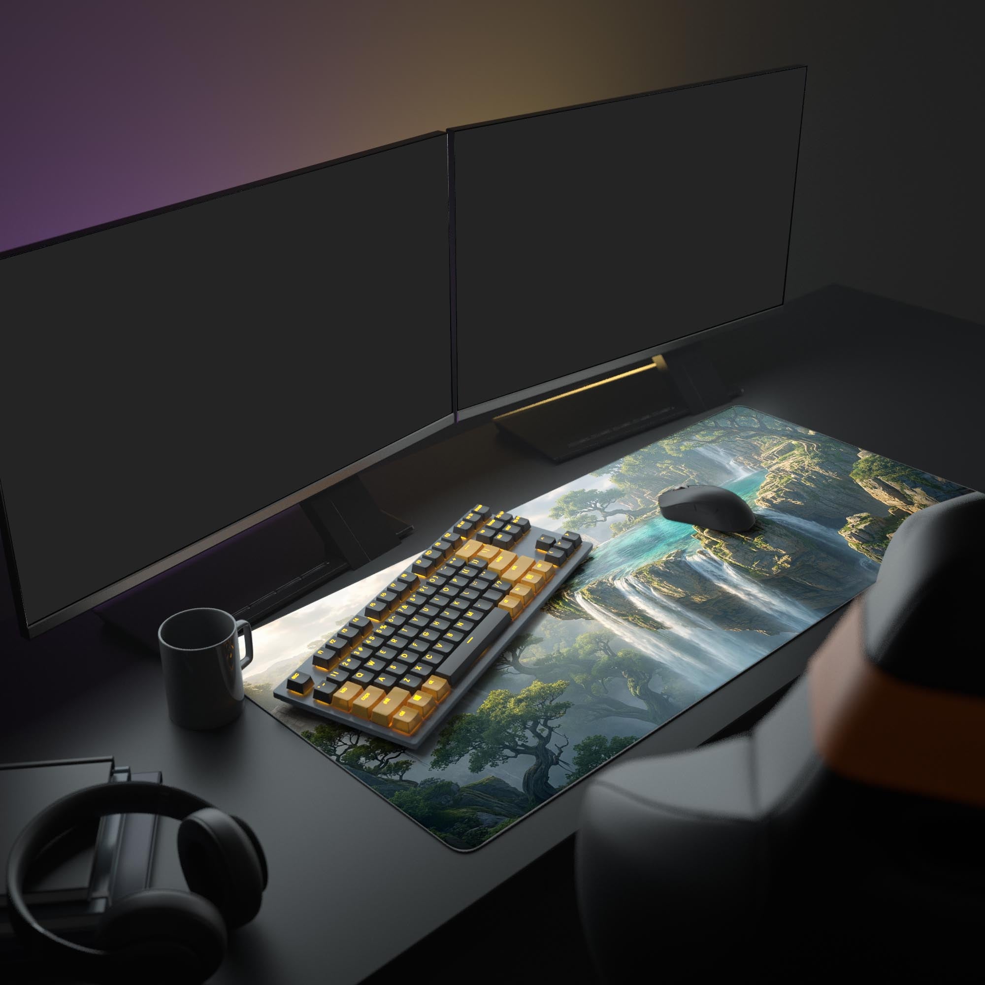 A vibrant PC setup featuring the Emerald Cascade mouse pad, which displays a magical landscape with waterfalls. The setup includes dual monitors and an illuminated gaming keyboard. - Epic Design Pads & Mousepads