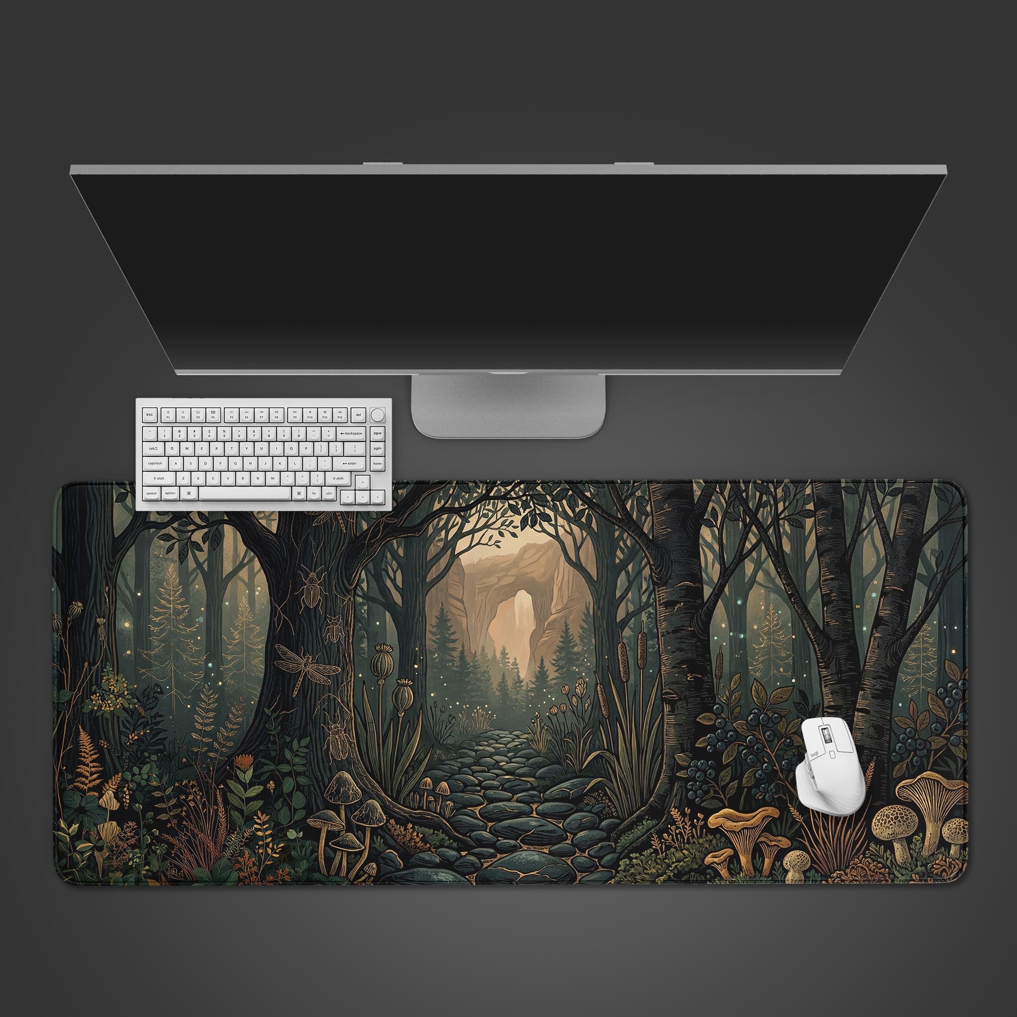 Enchanted forest desk mat featuring a dark cobblestone path, intricate trees, glowing mushrooms, and vintage botanical art style.