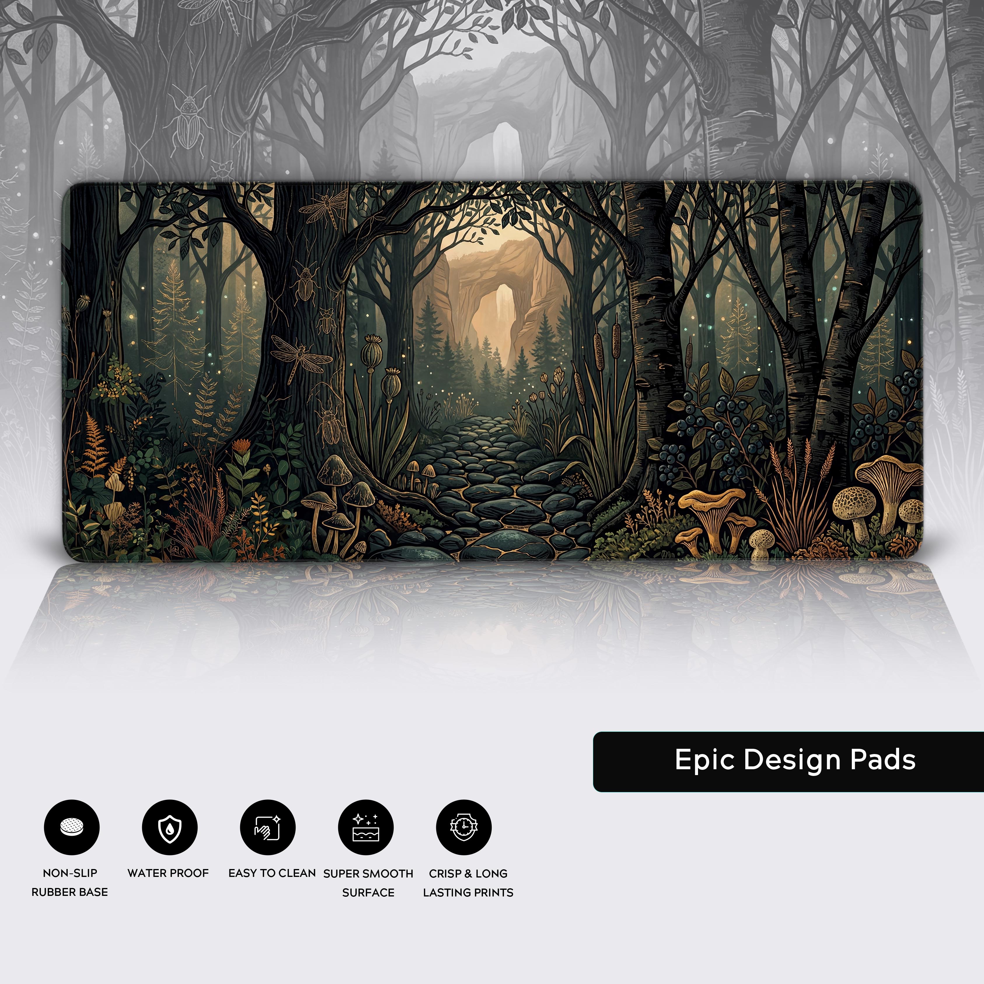 Magical forest path gaming mat showcasing crisp, long-lasting print quality and deep green and gold colors.