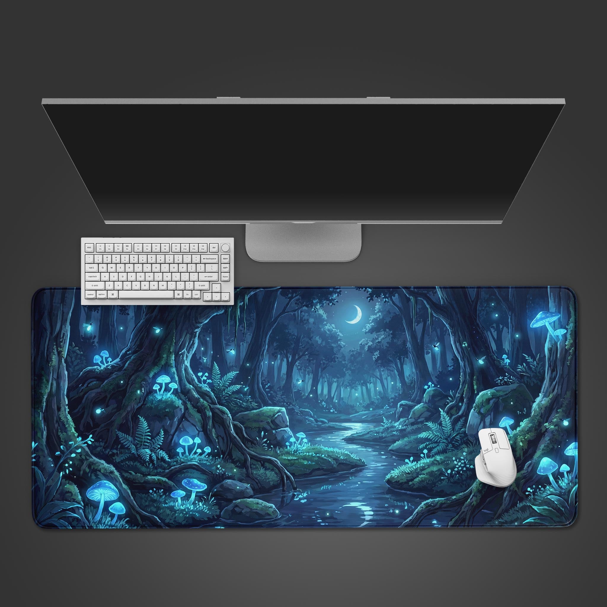Mystic Grove desk mat featuring a dark enchanted forest with glowing blue mushrooms and a winding river under moonlight.