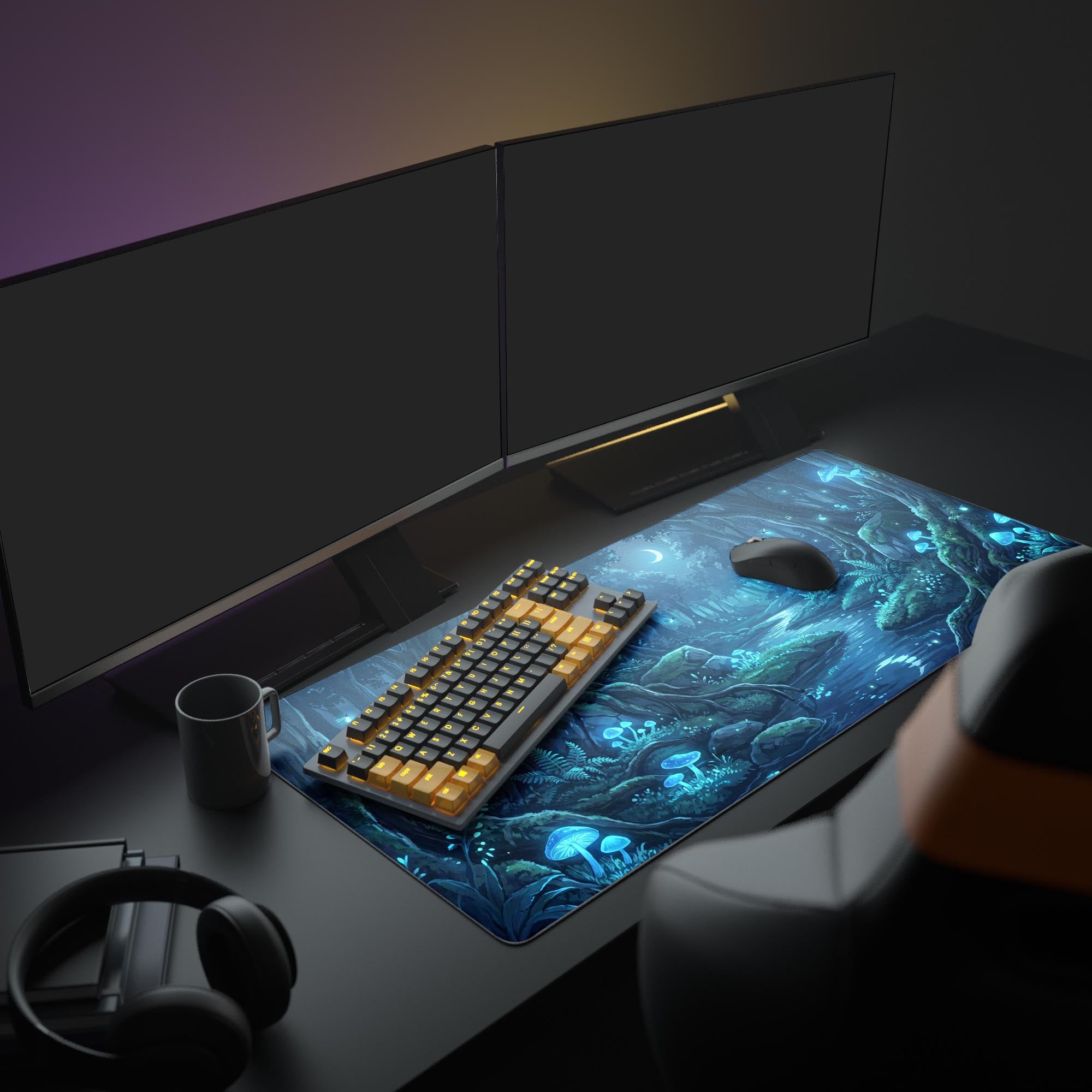 Close-up of the bioluminescent forest artwork on the gaming mouse pad showing crisp details of magical flora.