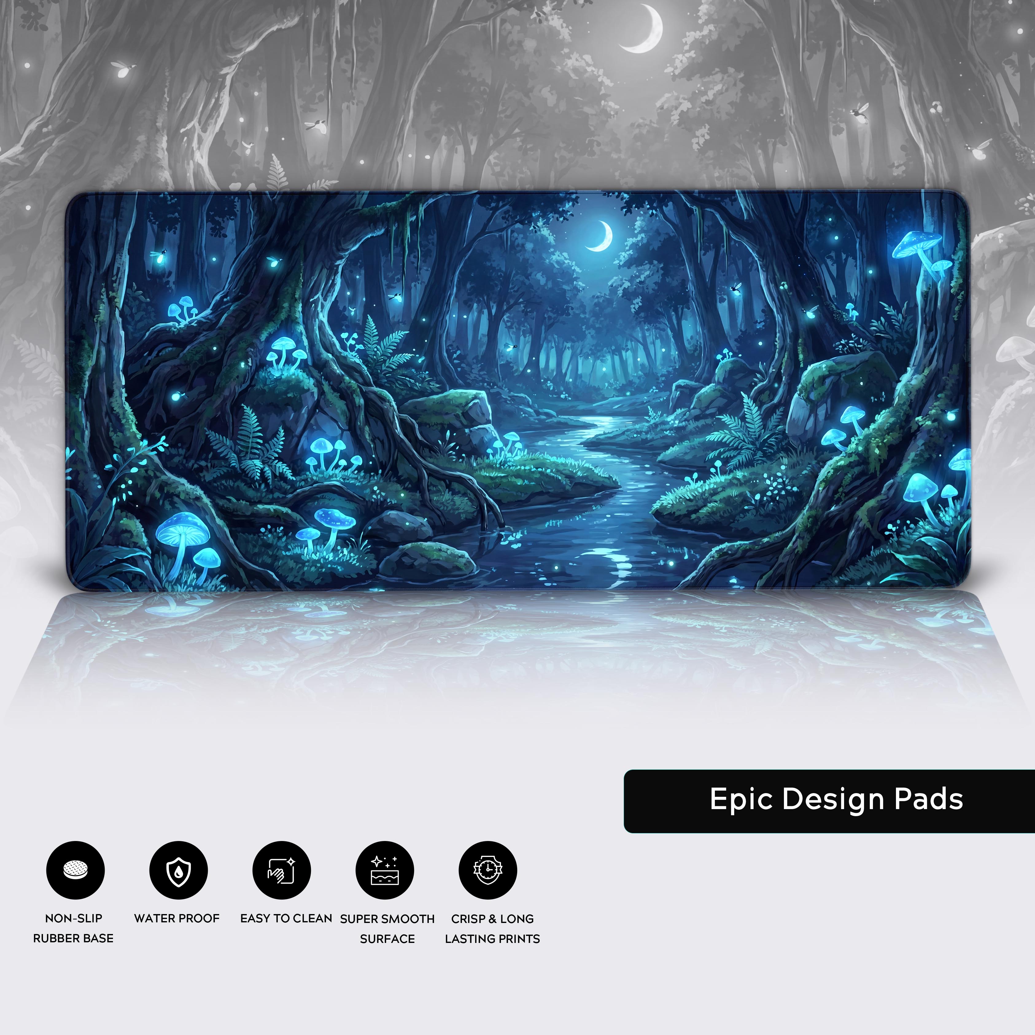 A magical dark fantasy gaming setup anchored by the enchanted forest XL desk mat.