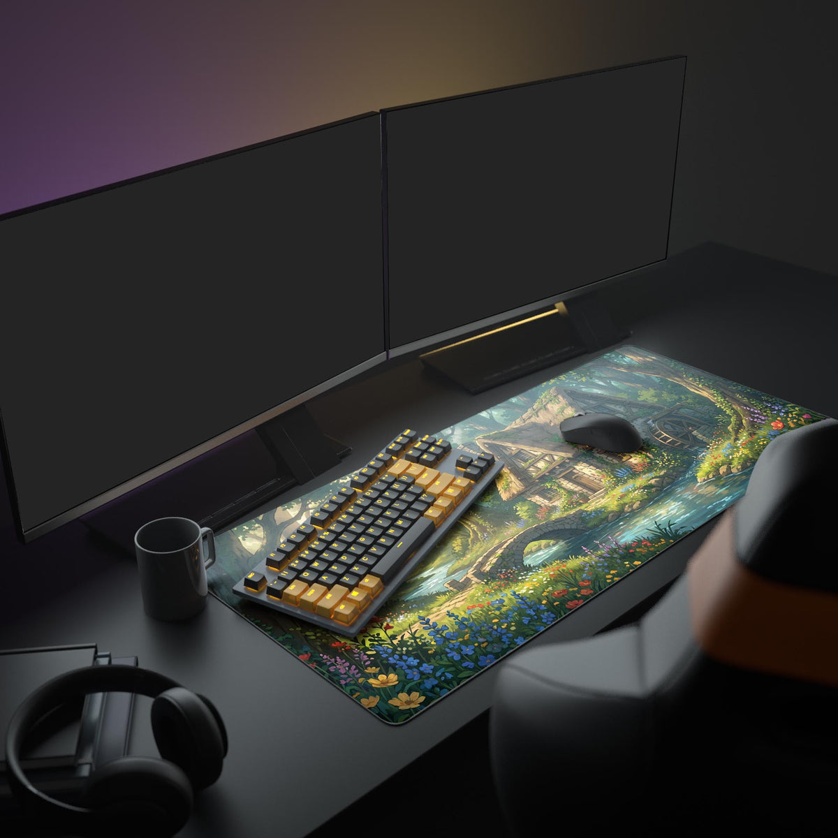 A cozy PC setup with the Enchanted Mill gaming desk mat as a centerpiece. The cottagecore design complements the gaming keyboard, mouse, and monitor for a serene aesthetic. - Epic Design Pads & Mousepads