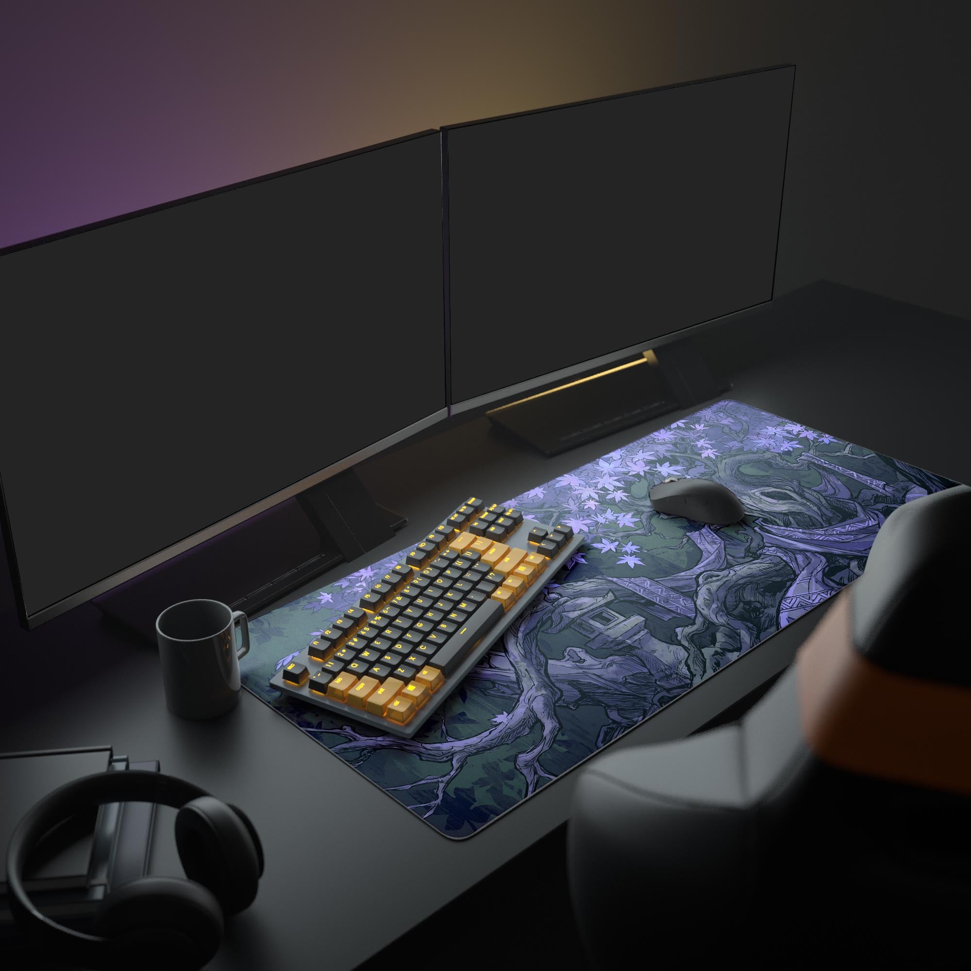 Close-up of the mystic tree mouse pad showing crisp details of the twisted branches, draped patterned fabrics, and amethyst-colored foliage.