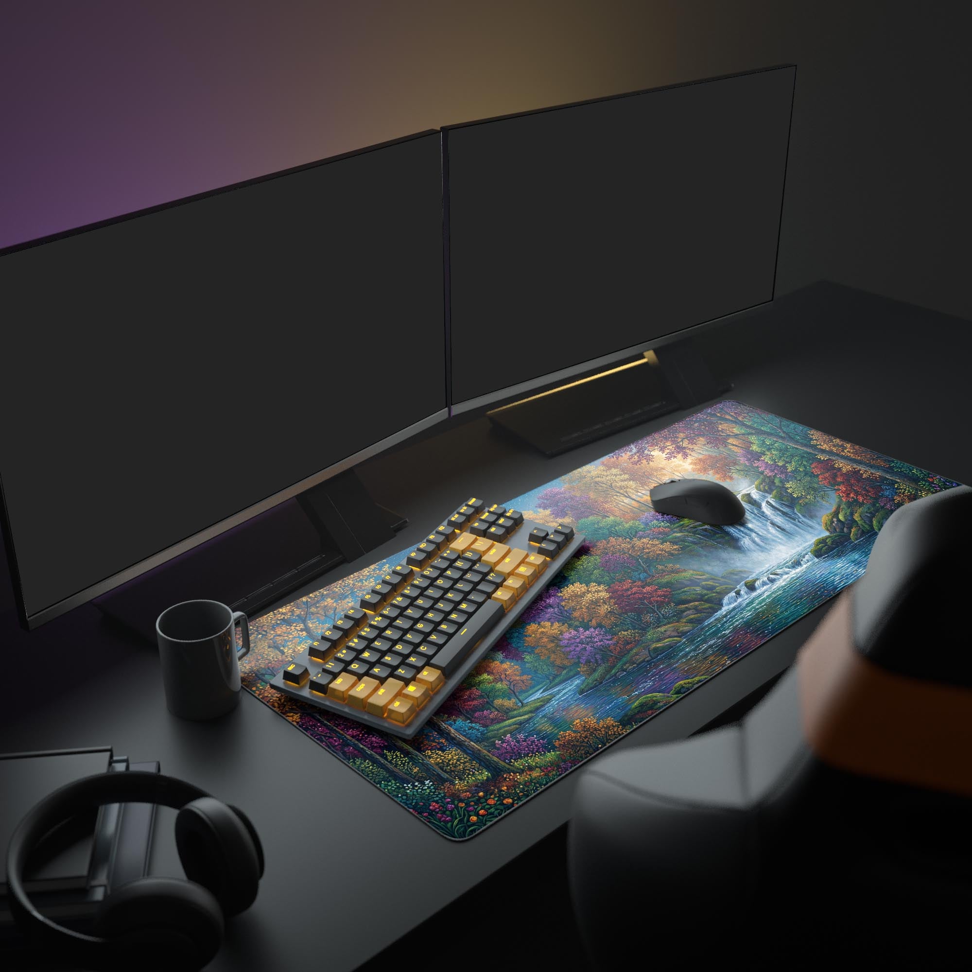 Close-up of the ultra-smooth surface and crisp, lasting prints on the vibrant waterfall desk mat.