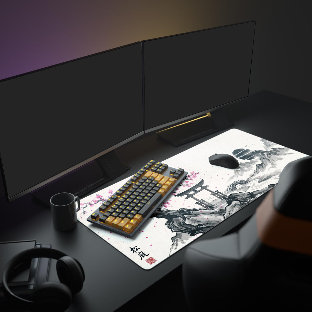 A complete PC setup featuring the Ephemeral Bloom Japanese art gaming desk mat, enhancing a workspace with its serene cherry blossom and mountain landscape design. - Epic Design Pads & Mousepads