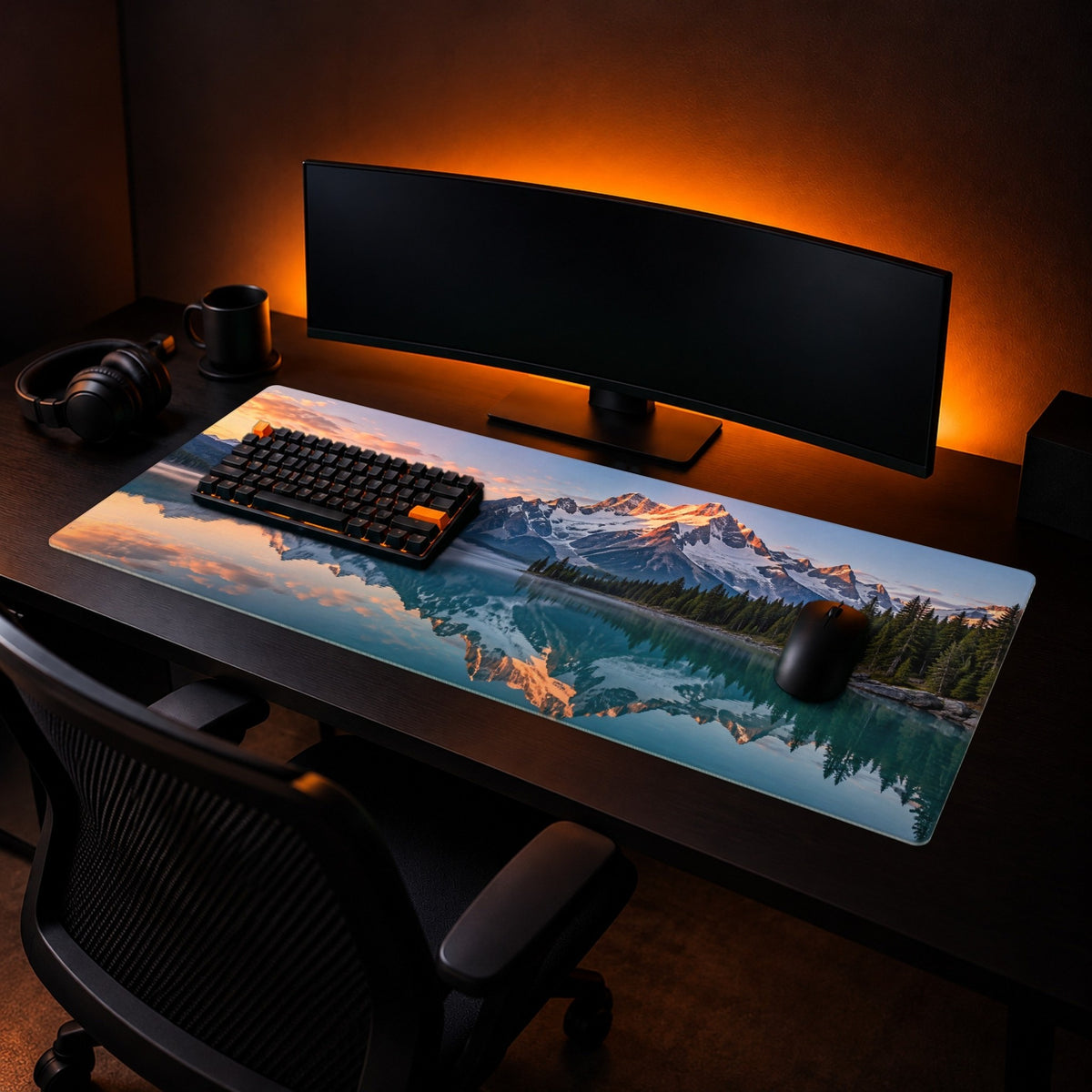 Extreme Custom Desk Pad - example: a mountain lake photo, shown in a full desk setup