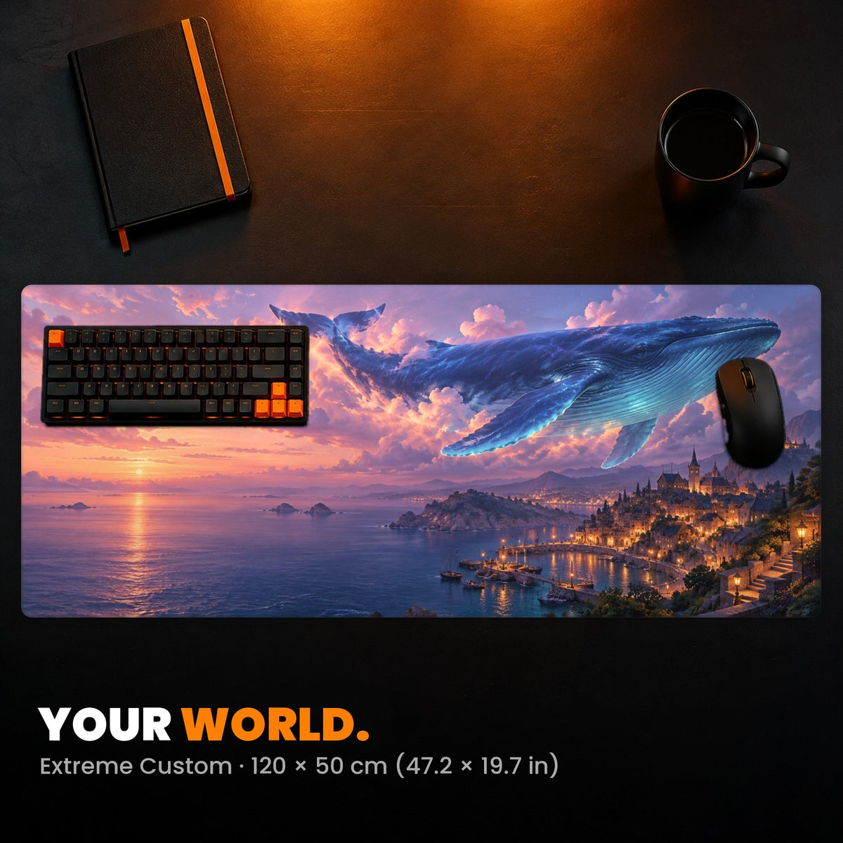 Extreme Custom Desk Pad - example: a fantasy painting of a whale flying over a seaside town