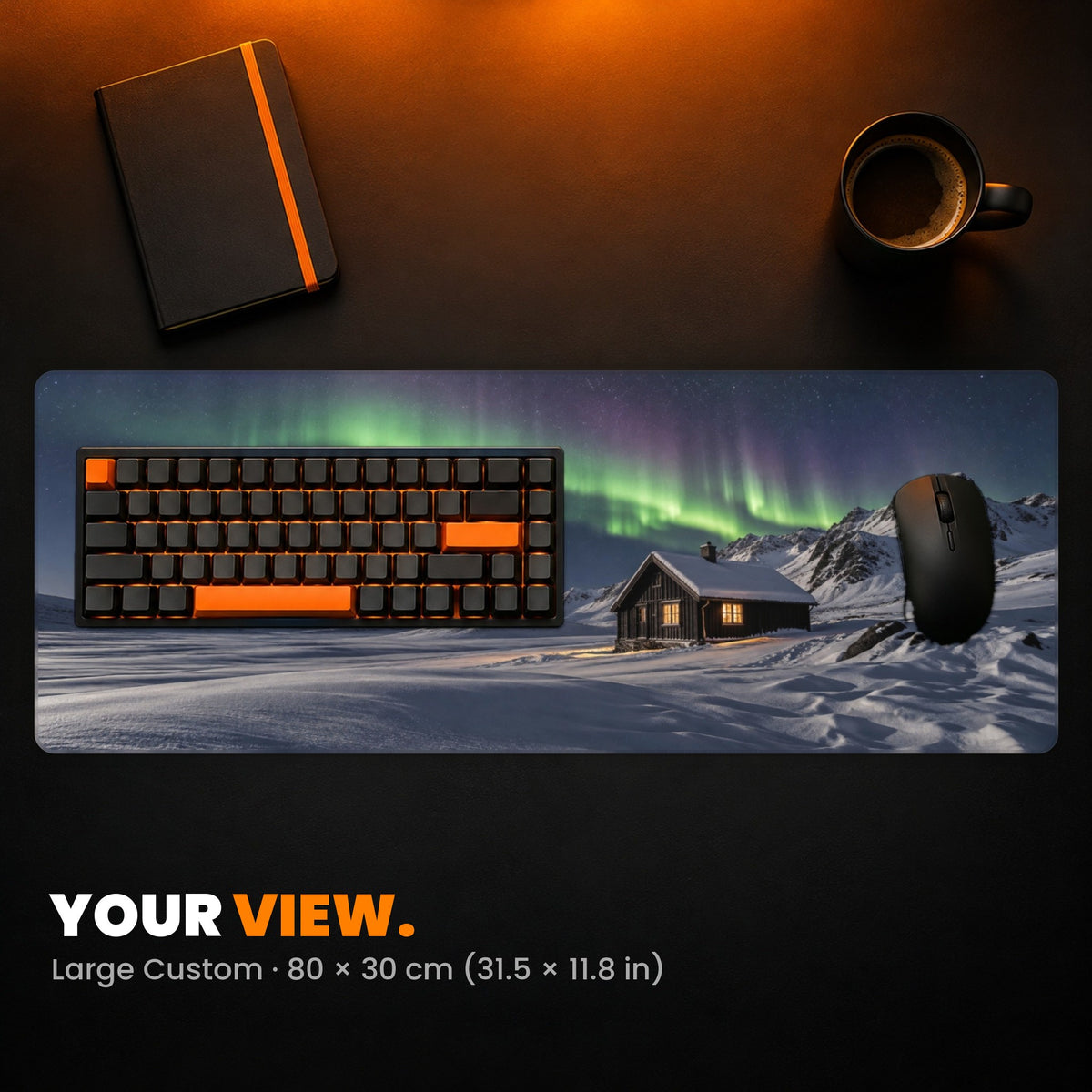 Large Custom Gaming Desk Pad - example: a photo of a cabin under the northern lights