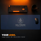 Large Custom Gaming Desk Pad - example: a brewery's logo in the middle of a navy pad