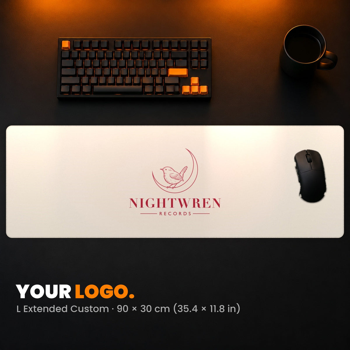 L Extended Custom Desk Pad - example: a record label's logo in the middle of a cream pad