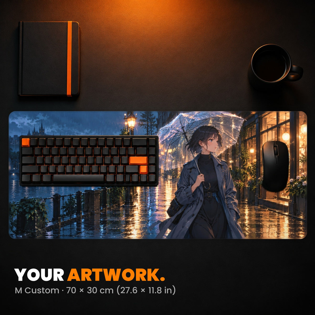 M Custom Gaming Desk Pad - example: an anime-style girl with an umbrella on a rainy street at night