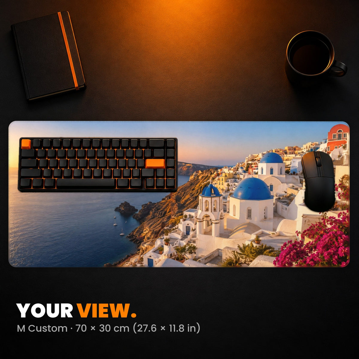 M Custom Gaming Desk Pad - example: a travel photo of white houses above the sea