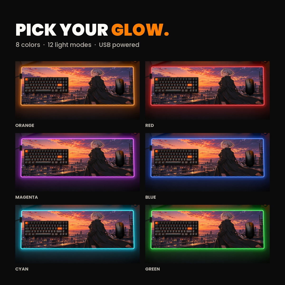 RGB custom desk pad lighting colors: orange, red, magenta, blue, cyan and green; 8 colors, 12 light modes, USB powered