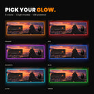 RGB custom desk pad lighting colors: orange, red, magenta, blue, cyan and green; 8 colors, 12 light modes, USB powered