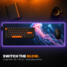 L RGB Custom Desk Pad - example: edge lit violet, with art of glowing jellyfish