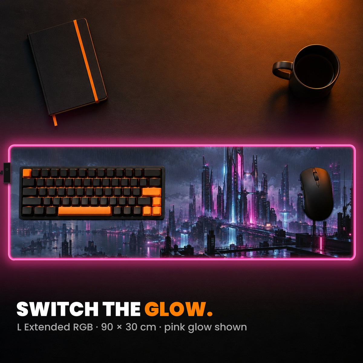 L Extended RGB Custom Desk Pad - example: edge lit pink, with art of a neon city at night