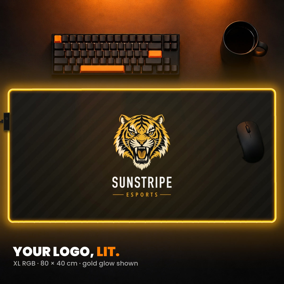 XL RGB Custom Desk Pad - example: edge lit gold, with an esports team's tiger logo in the middle