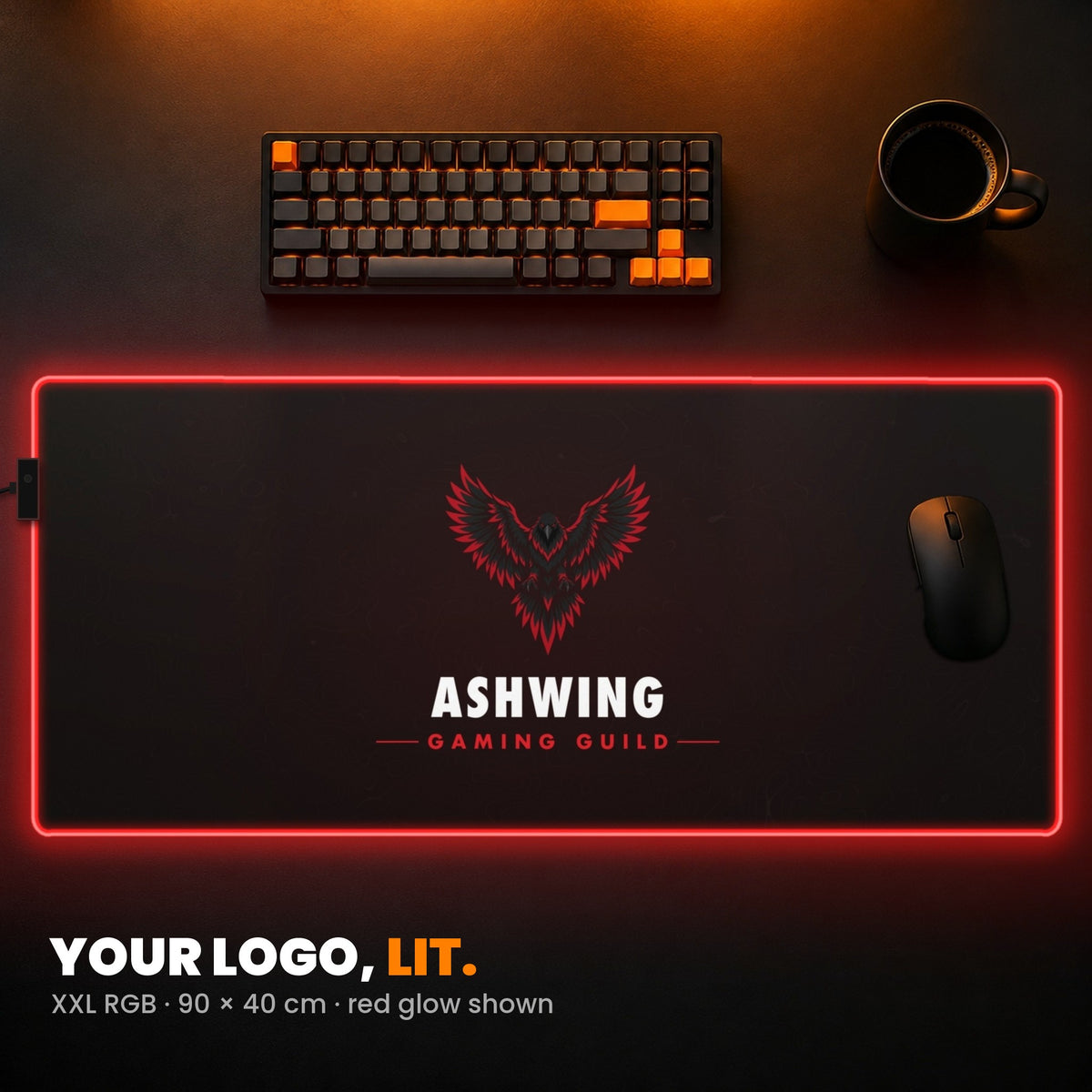 XXL RGB Custom Desk Pad - example: edge lit red, with a gaming guild's phoenix logo in the middle