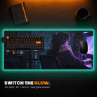 XXL RGB Custom Desk Pad - example: edge lit teal, with anime-style art of a girl at her desk at night