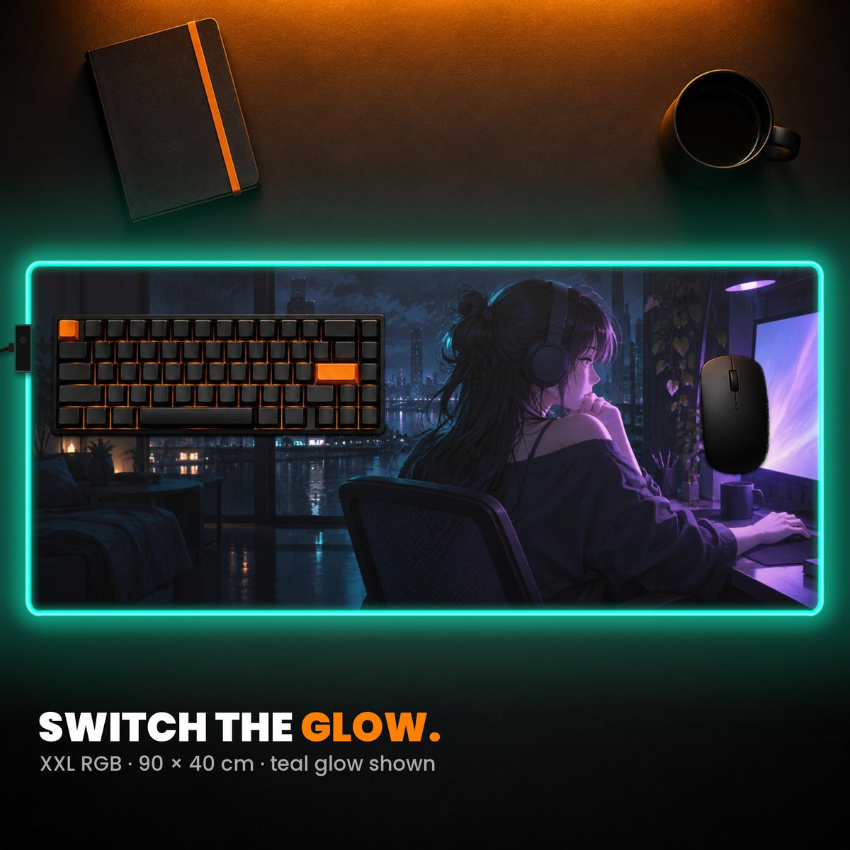 XXL RGB Custom Desk Pad - example: edge lit teal, with anime-style art of a girl at her desk at night