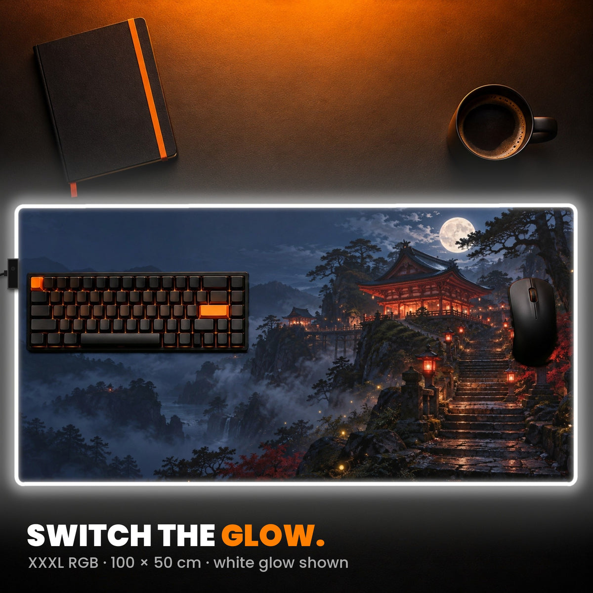 XXXL RGB Custom Desk Pad - example: edge lit white, with art of a temple on a misty mountain at night