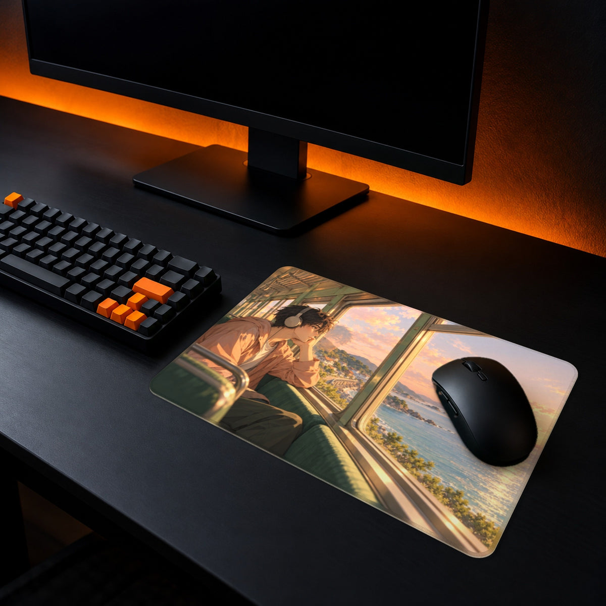 S Custom Gaming Mouse Pad - example: an anime-style scene on a train by the sea