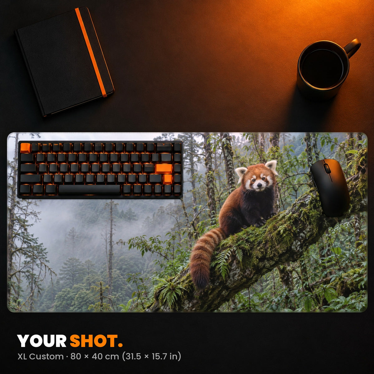 XL Custom Gaming Desk Pad - example: a photo of a red panda in a misty forest